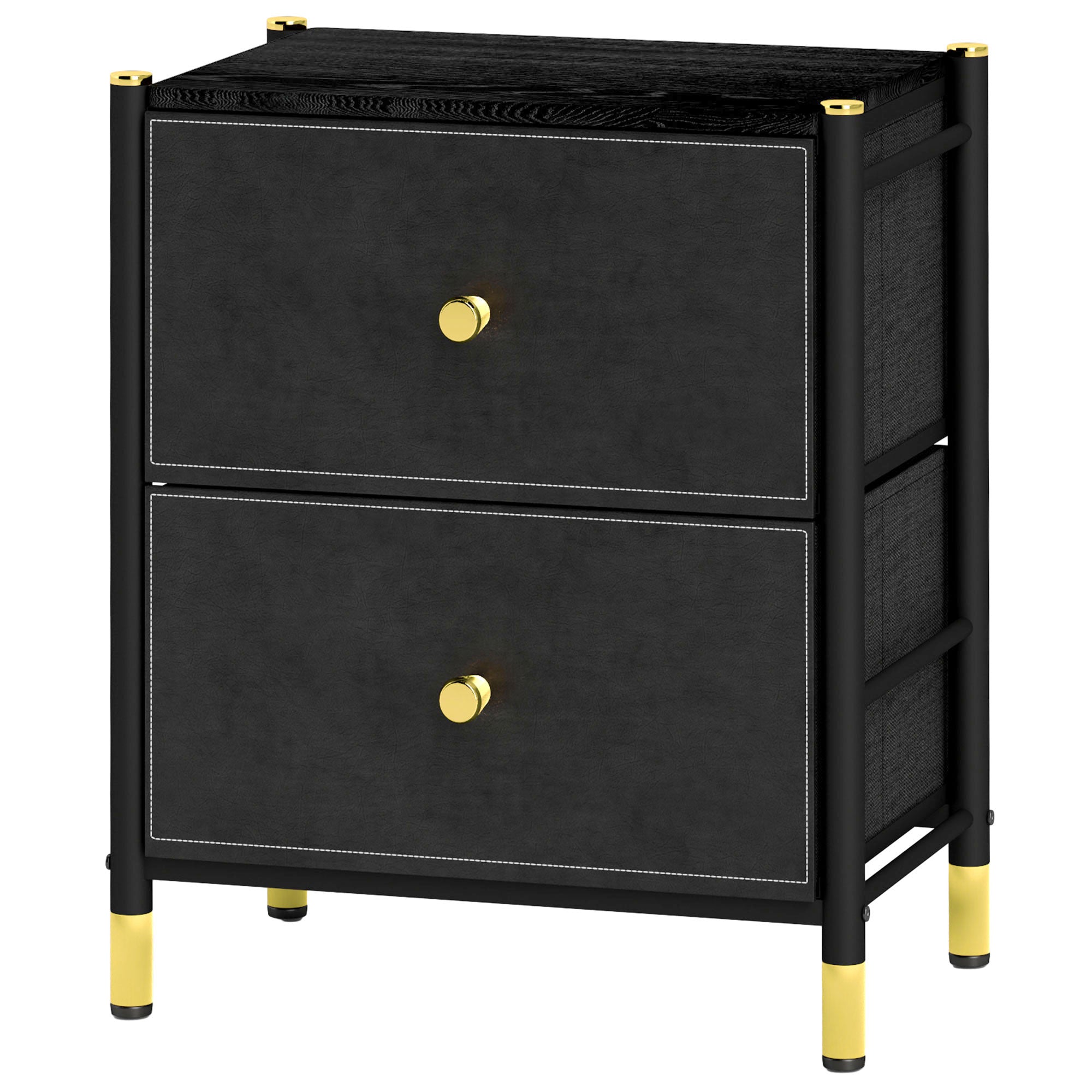 Bedside Table, PU Leather Side Table with 2 Drawers, Bedside Cabinet with Steel Legs for Bedroom, Living Room, Black