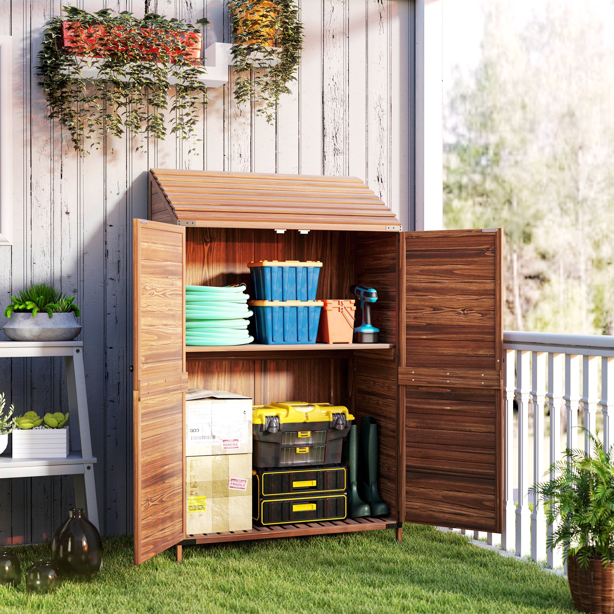 Two-Tier Wooden Garden Shed with Double Doors and Shelves - Brown