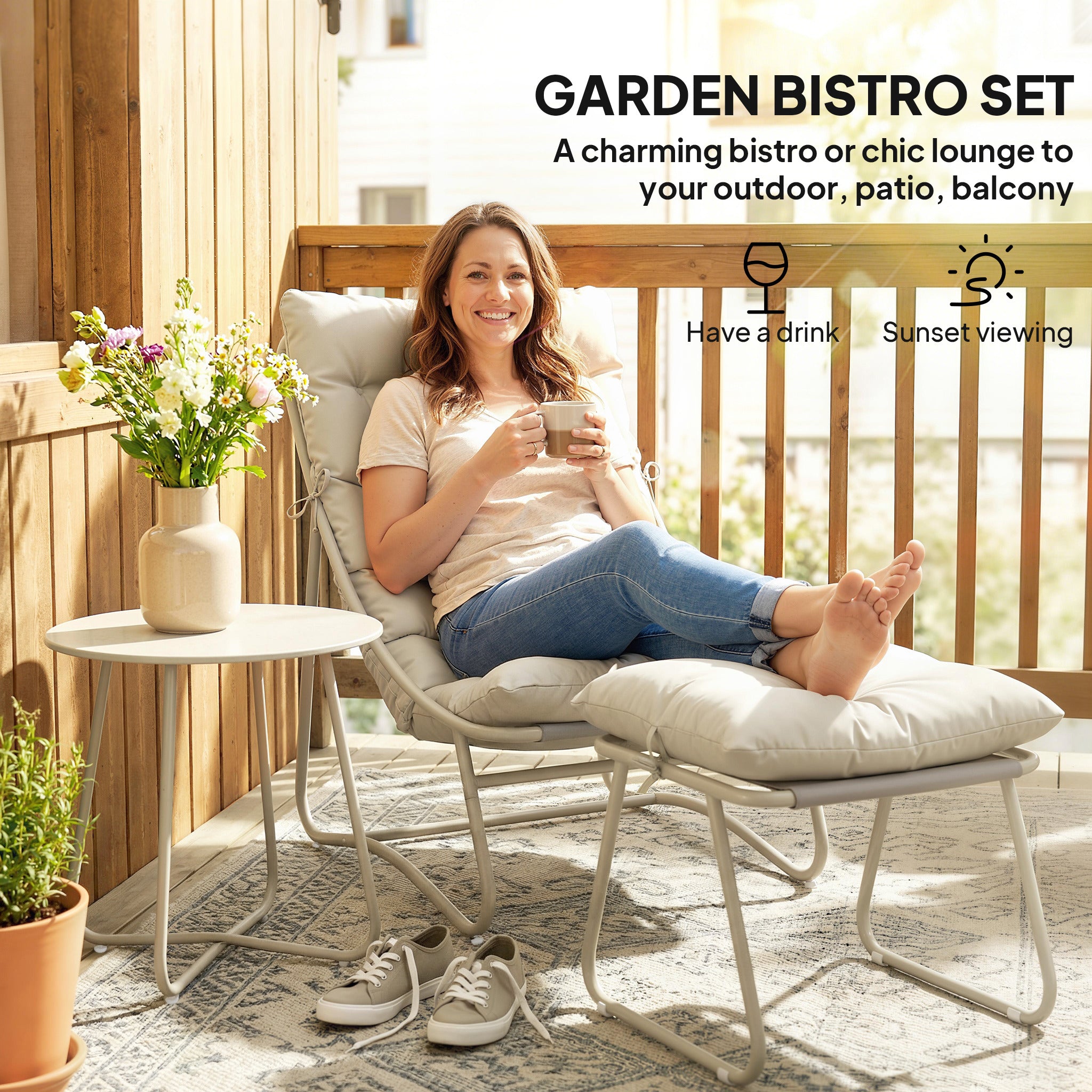 Bistro Set for Garden, 3 Piece Outdoor Table and Chair with Footstool and Removable Cushions, Comfy Balcony Furniture
