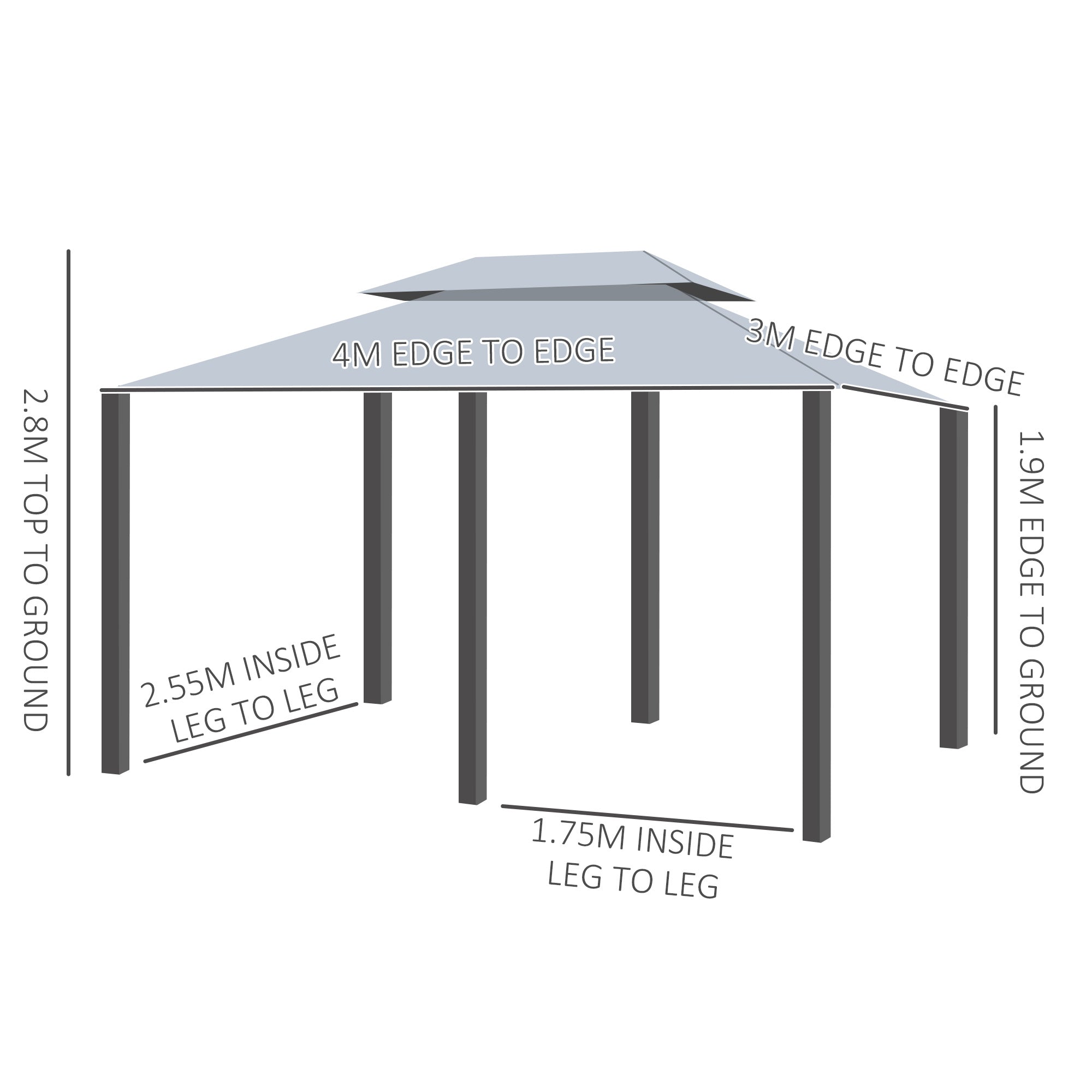 4m x 3(m)Garden Gazebo, Double Roof Outdoor Gazebo Canopy Shelter with Curtains, Solid Steel Frame for Lawn and Deck, Grey