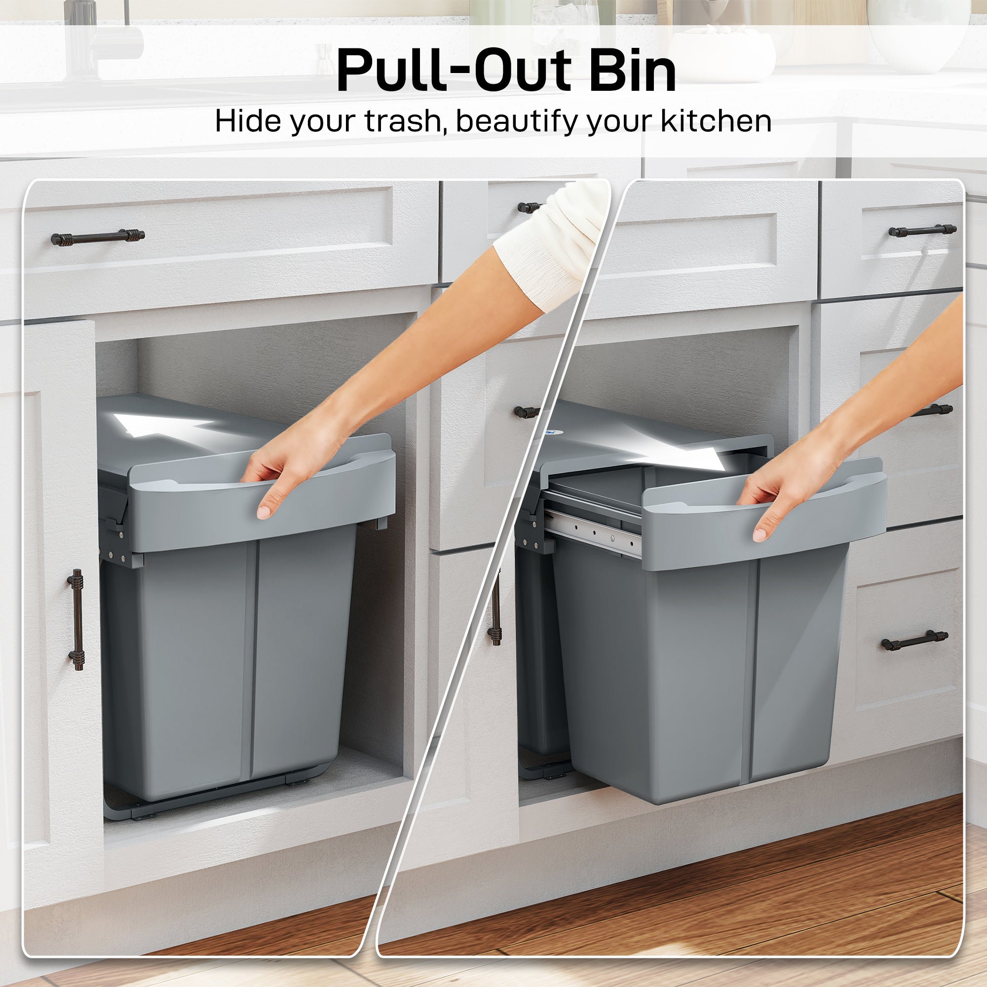 Pull Out Bin, Kitchen Under Sink Bin with 2 Removable Compartments, Smooth Glide, Grey