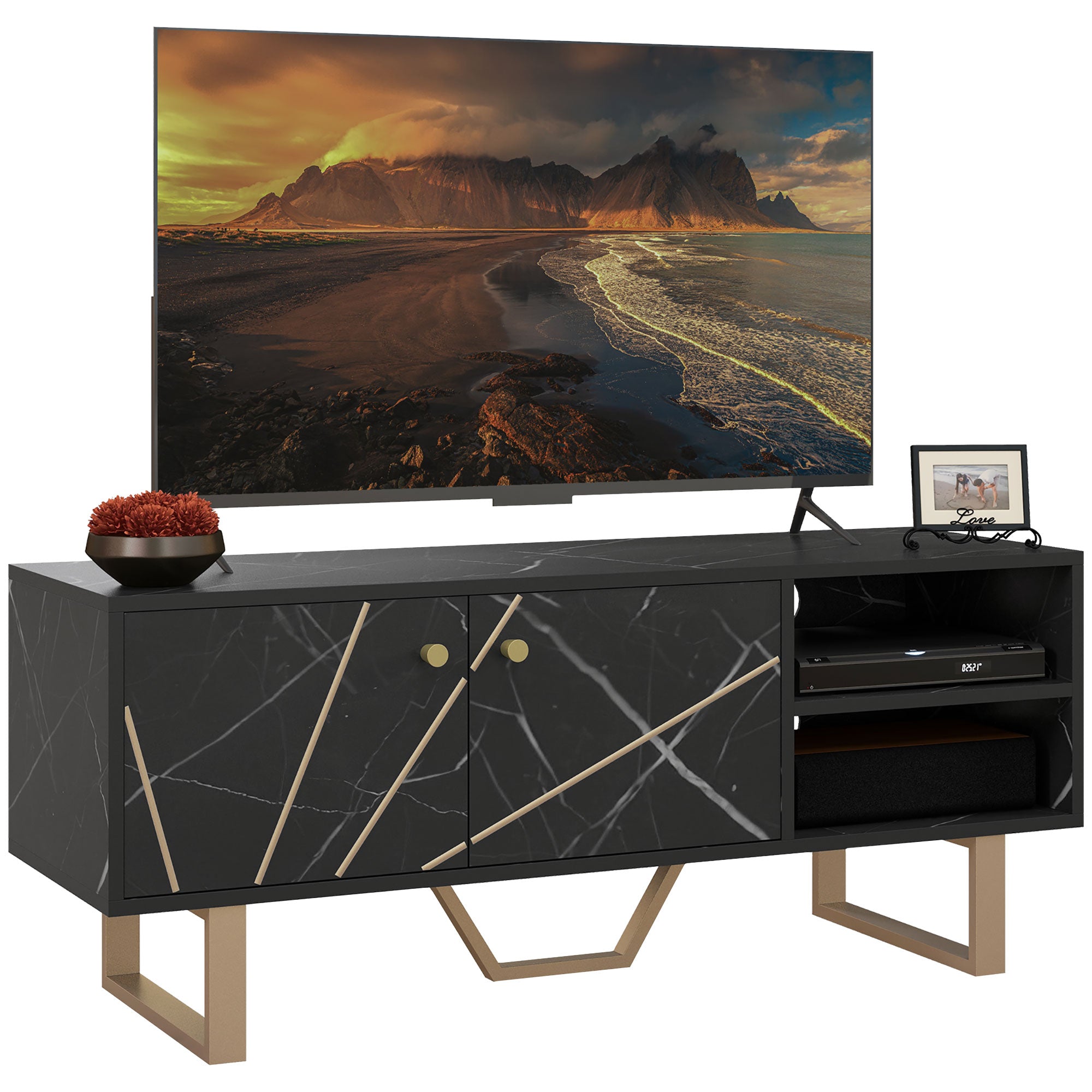 TV Stand Cabinet for TVs up to 50 Inches, TV Unit with Storage Shelves and Cupboard for Living Room, Black Marble Tone