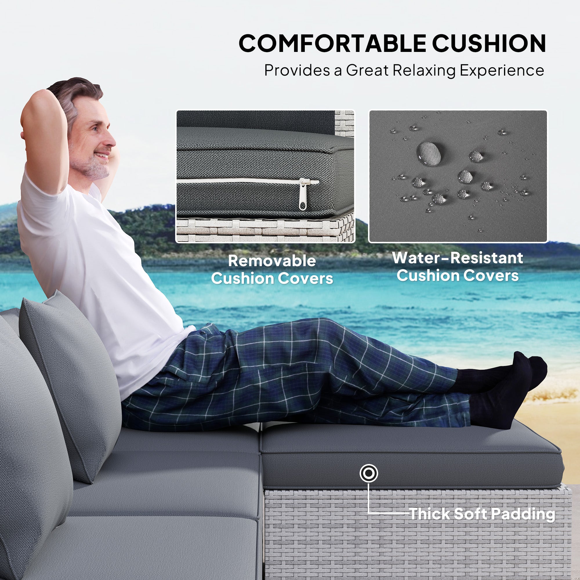 6 Piece Rattan Corner Sofa Set with Cushions and Glass Table - Mixed Grey