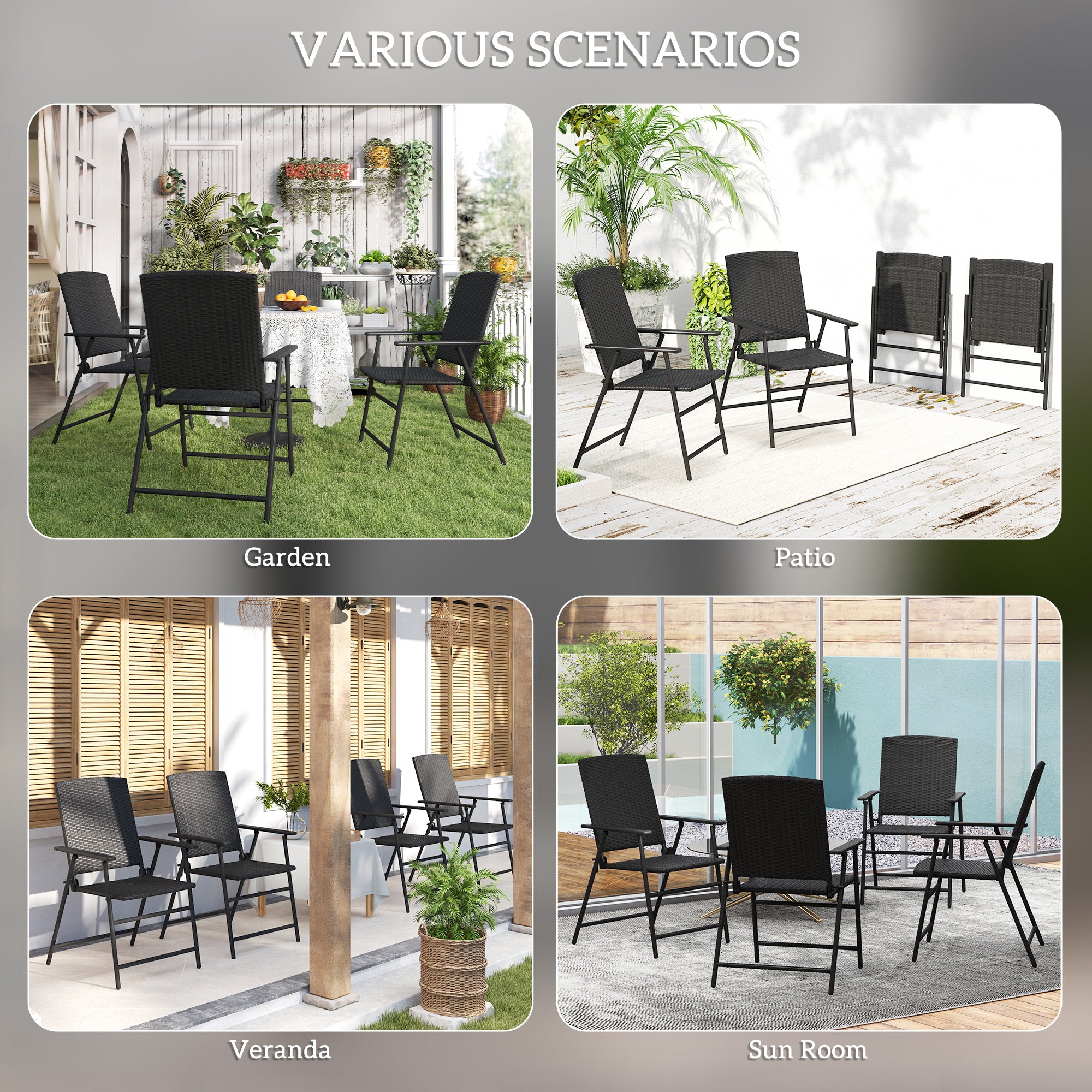 Set of Four Folding Rattan Seat Chairs - Black