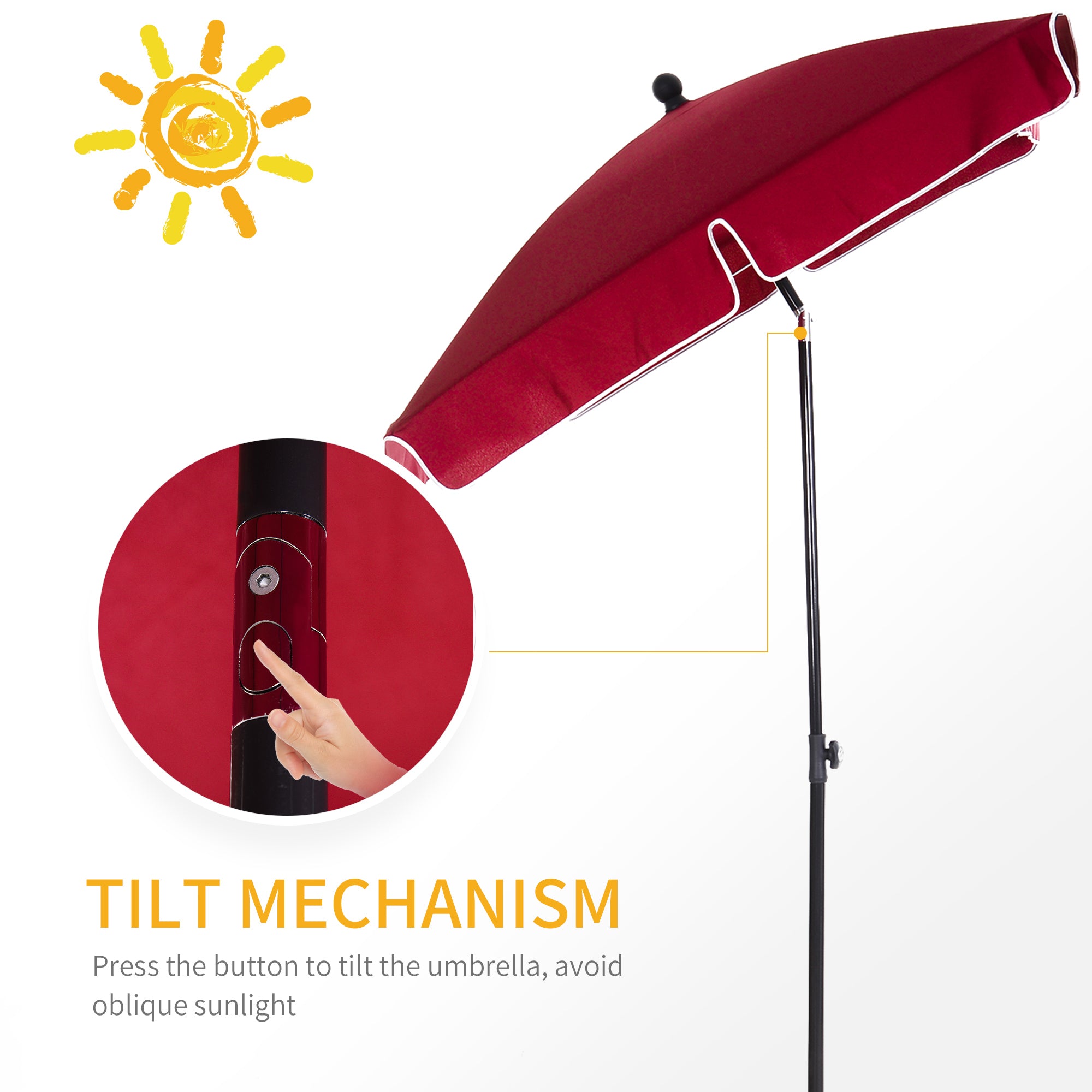 Garden Parasol Umbrella, Outdoor Market Table Umbrella with Ruffles & Aluminium Pole, Rectangular Tilting Parasol Sun Shade Canopy, 2 x 1.3m, Red