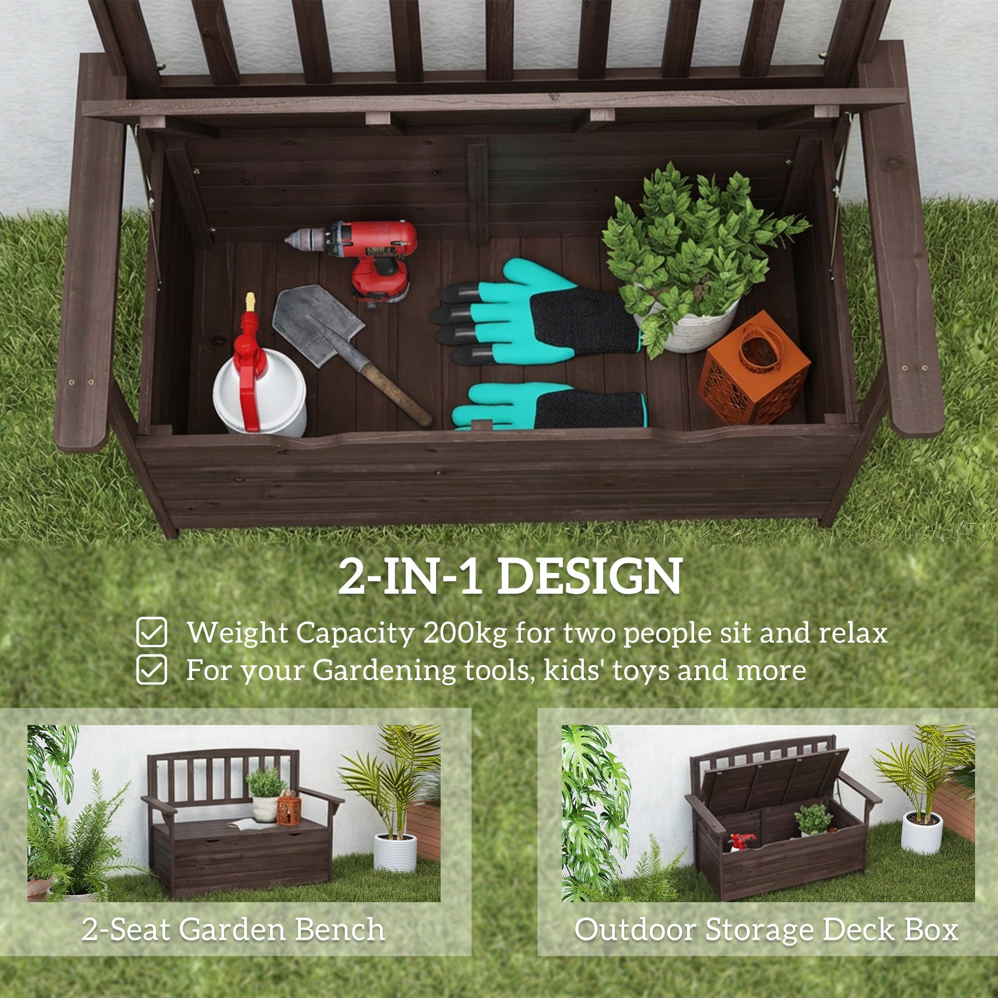 Outdoor 2 Seater Garden Bench, Wooden Bench with Storage, Backrest, Arm Rests, 112 x 84 x 58 cm, Brown