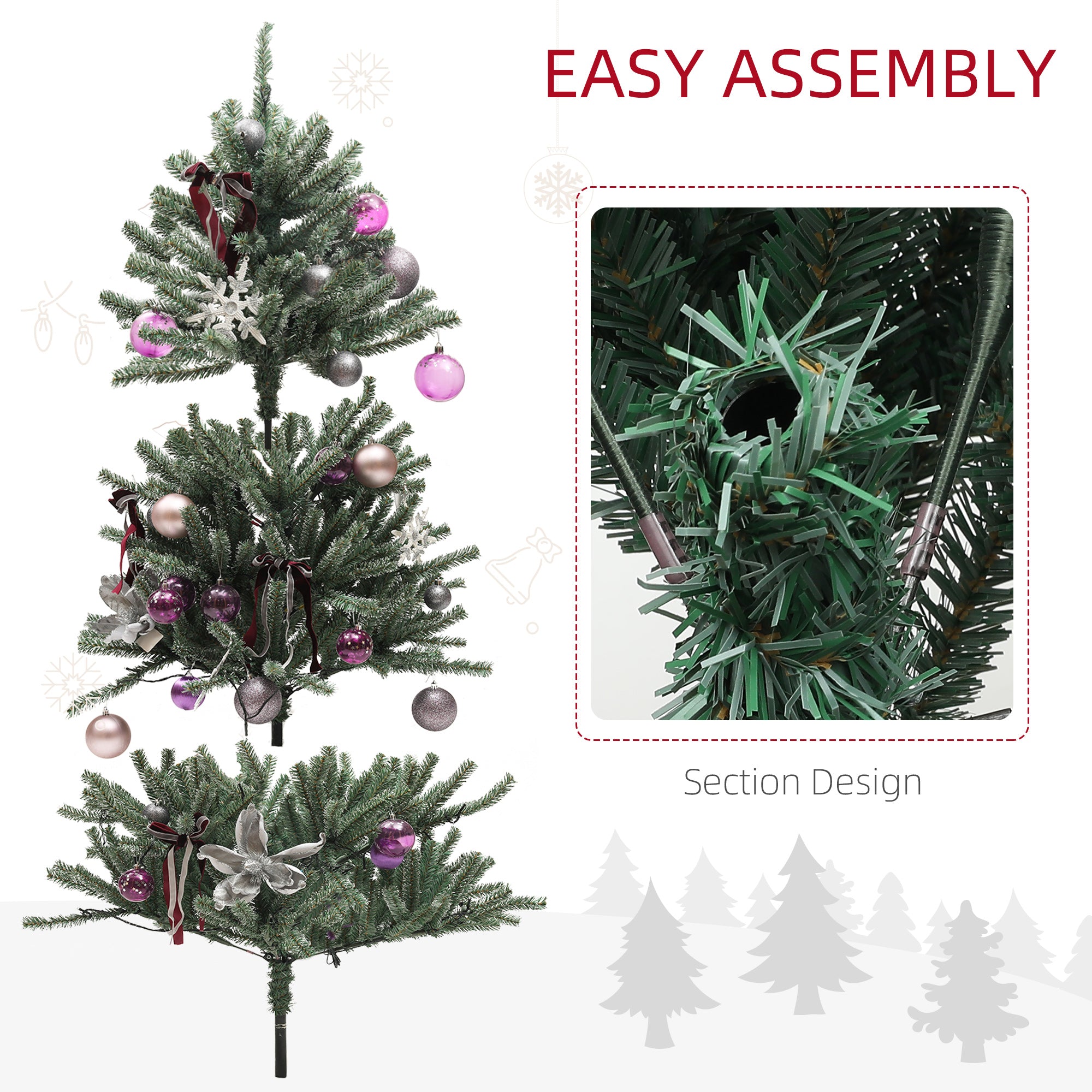 5ft Artificial Prelit Christmas Tree with Warm White LED Lights and 486 Tips, Metal Stand, Xmas Tree with Purple Ornaments for Home Office Holiday