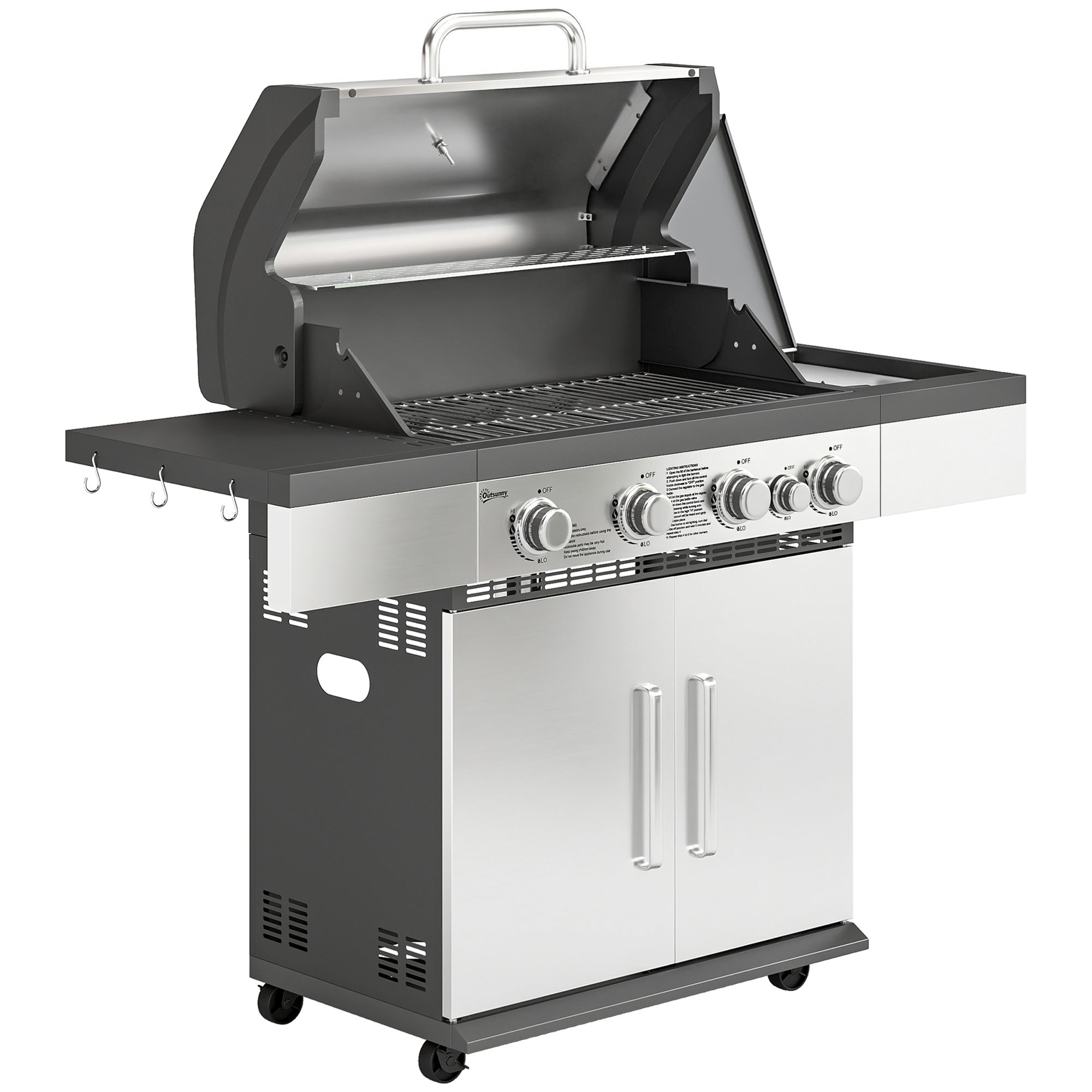 4+1 Burner Gas BBQ Grill, Portable Gas Barbecue Grill with Side Burner, Warming Rack, Side Shelf, Storage Cabinet