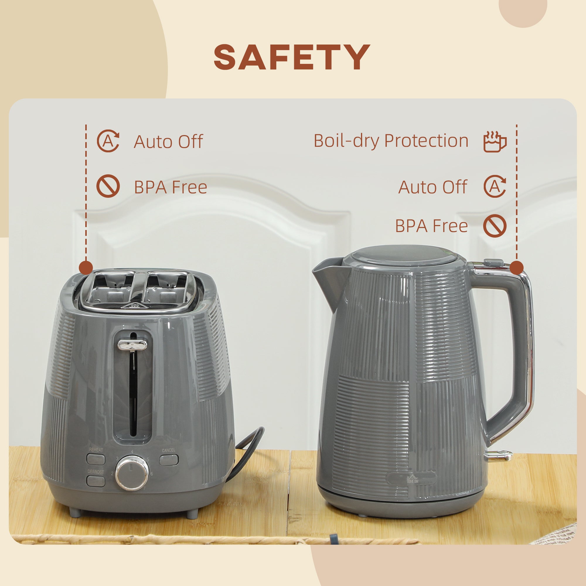 1.7L 3000W Kettle and 2-Slice Toaster Set with 7 Browning Levels, Defrost & Reheat - Grey