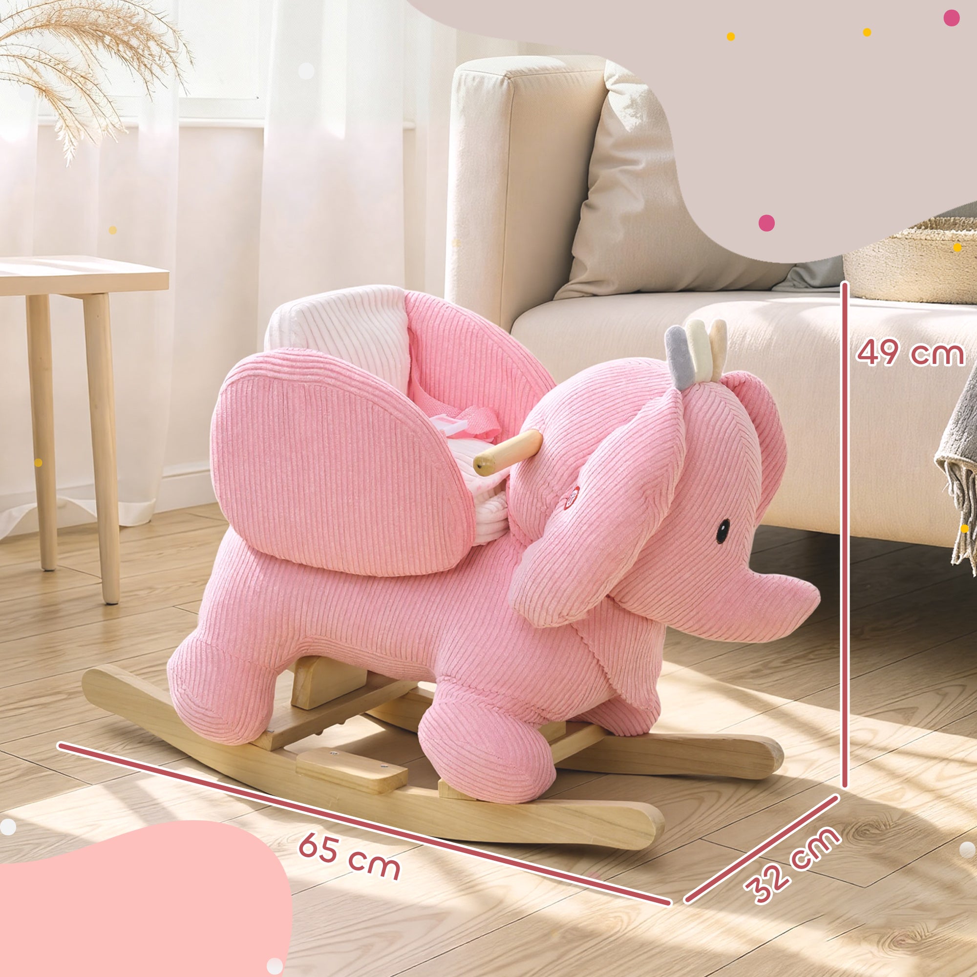 Kids Rocking Horse, Baby Ride on Elephant Rocker with Safety Belt and Sound for Toddlers 18 to 36 Months, Pink