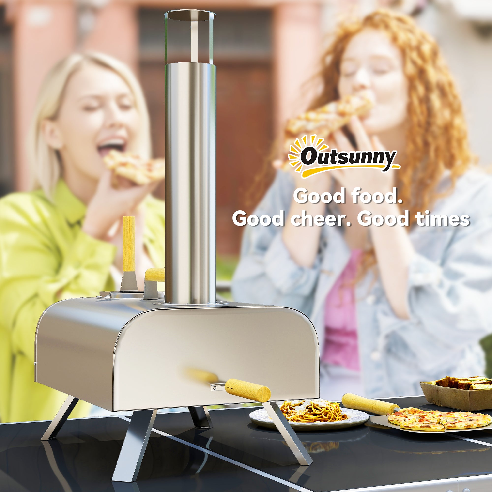 12 Inch Portable Wood Fired Pizza Oven with Foldable Legs and Stainless Steel Body - Silver Tone