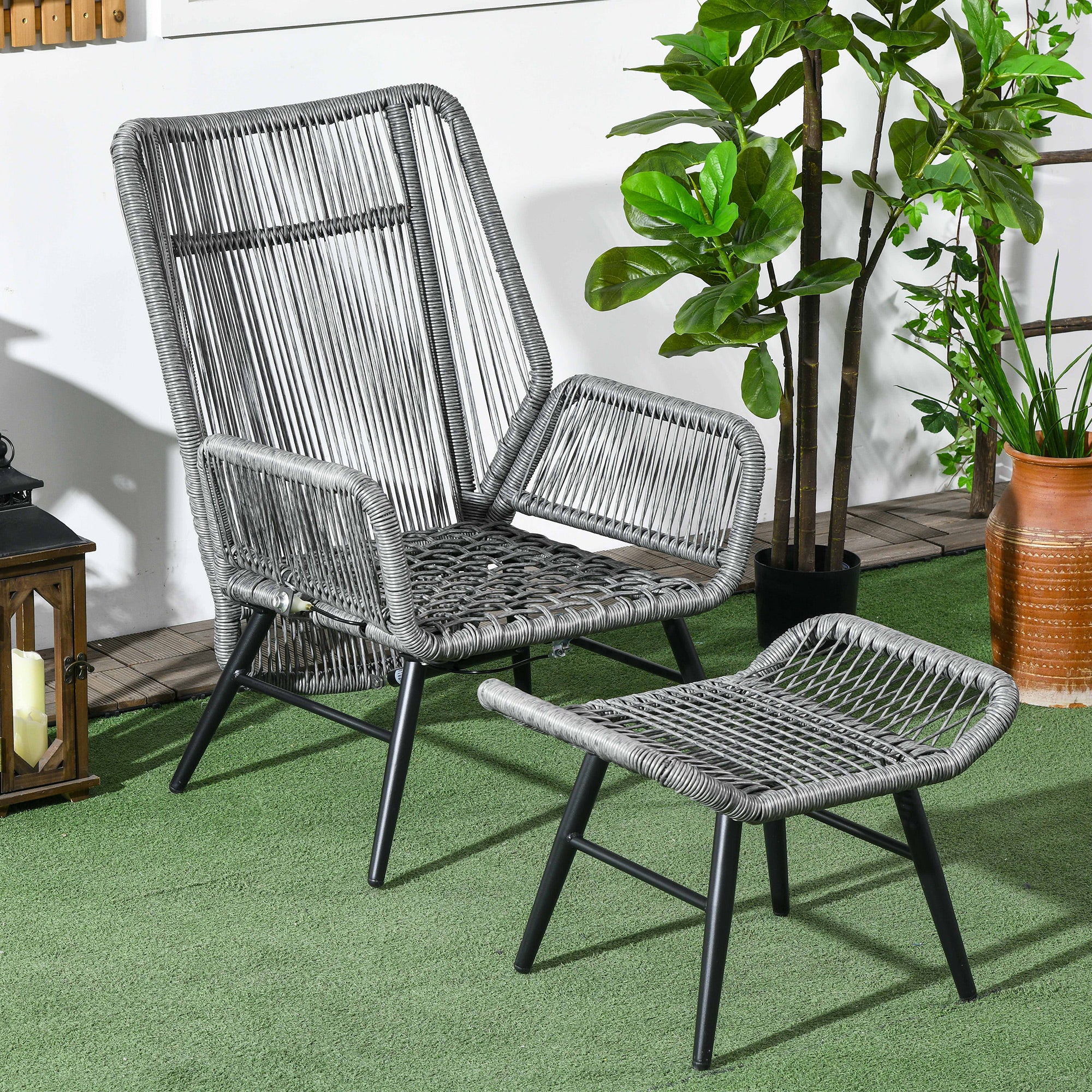 String Rattan Armchair and Footstool Set, with Cushions - Grey