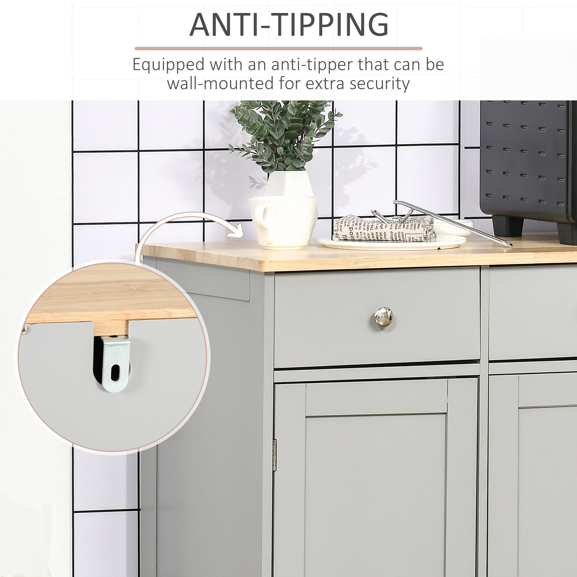 Sideboard with Rubberwood Top and Independent Storage Shelves for Dining Room, Kitchen - Grey