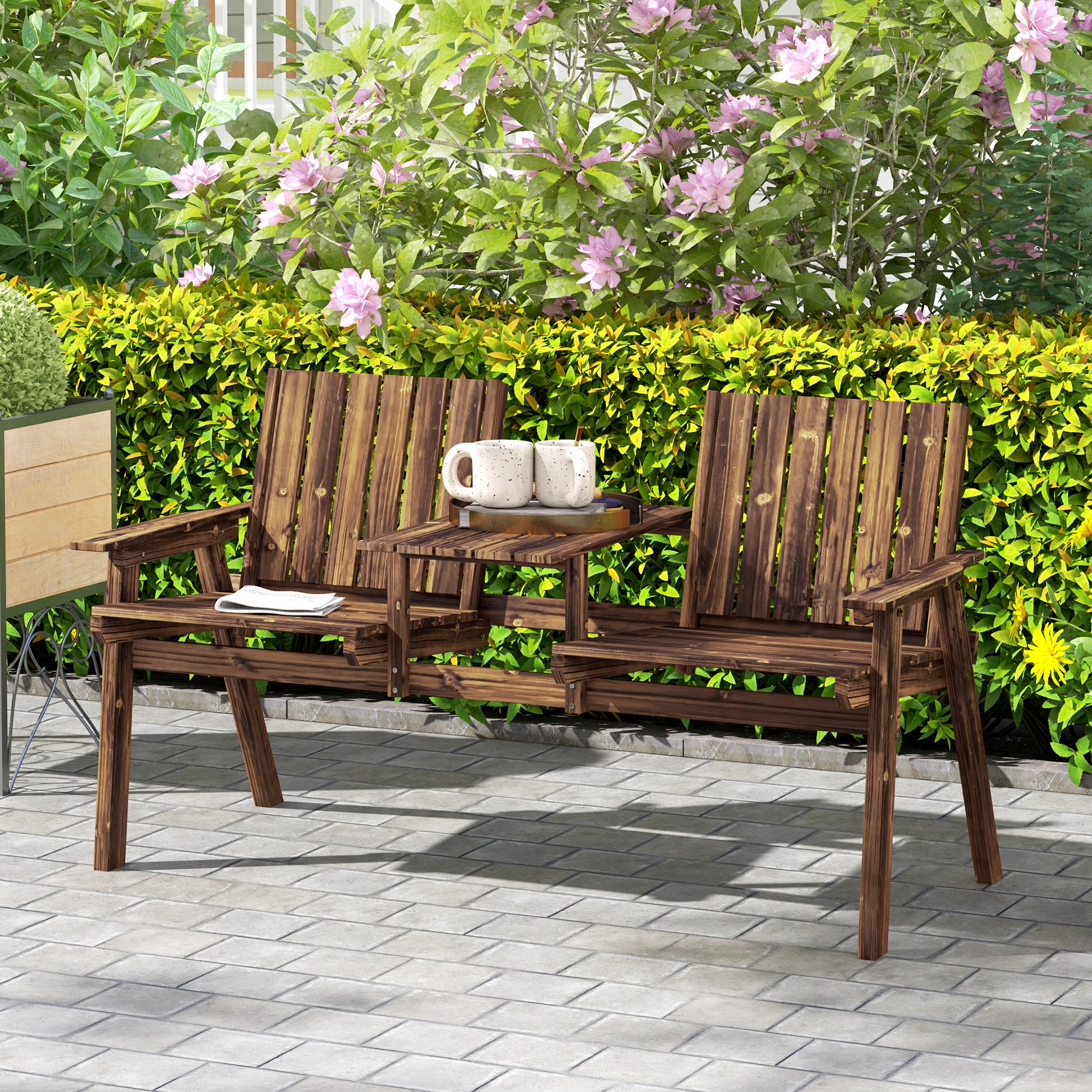 2 Seater Garden Bench with Table and Parasol Hole - Carbonised Finish