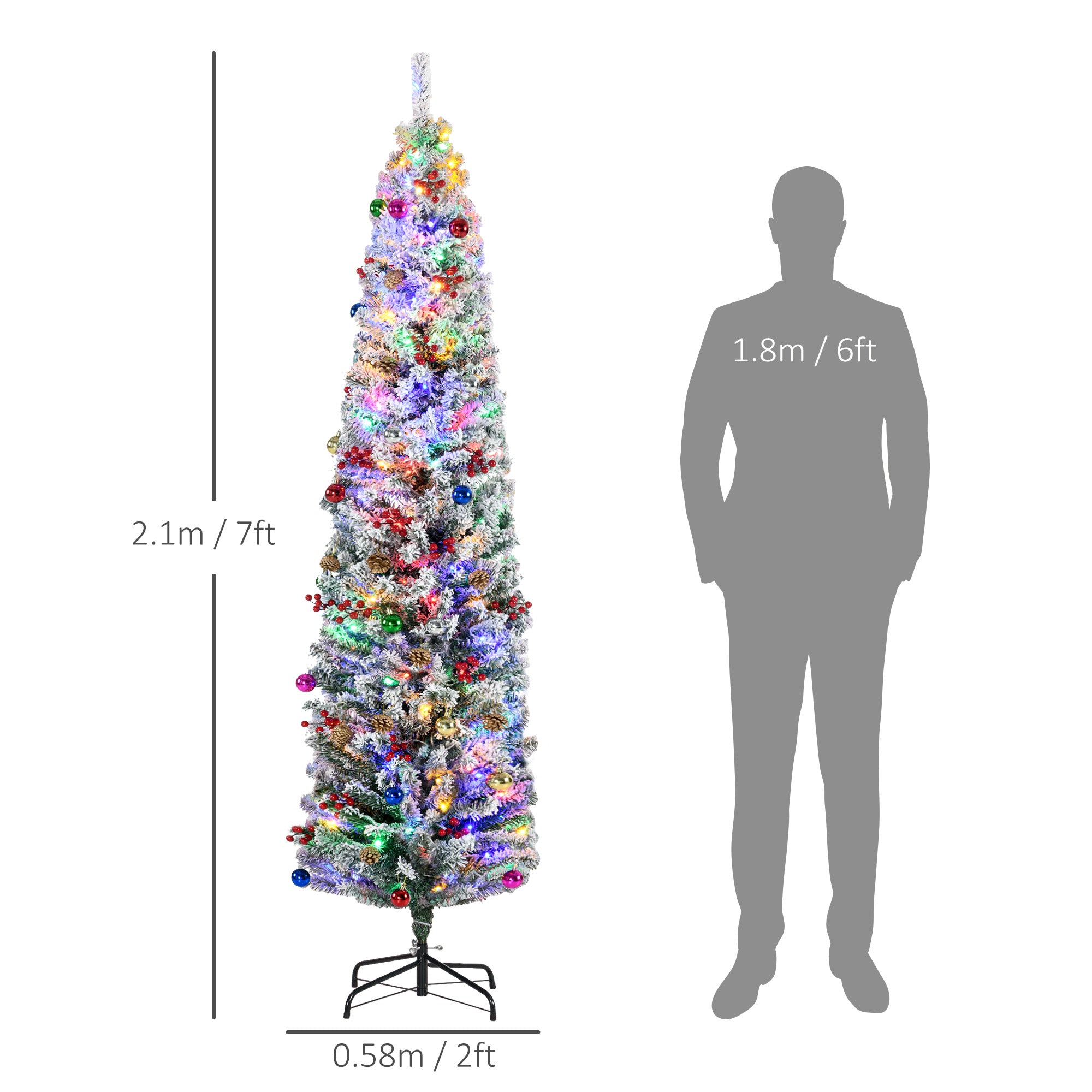 7' Artificial Prelit Christmas Trees Holiday Décor with Colourful LED Lights, Flocked Tips, Berry, Pine Cone