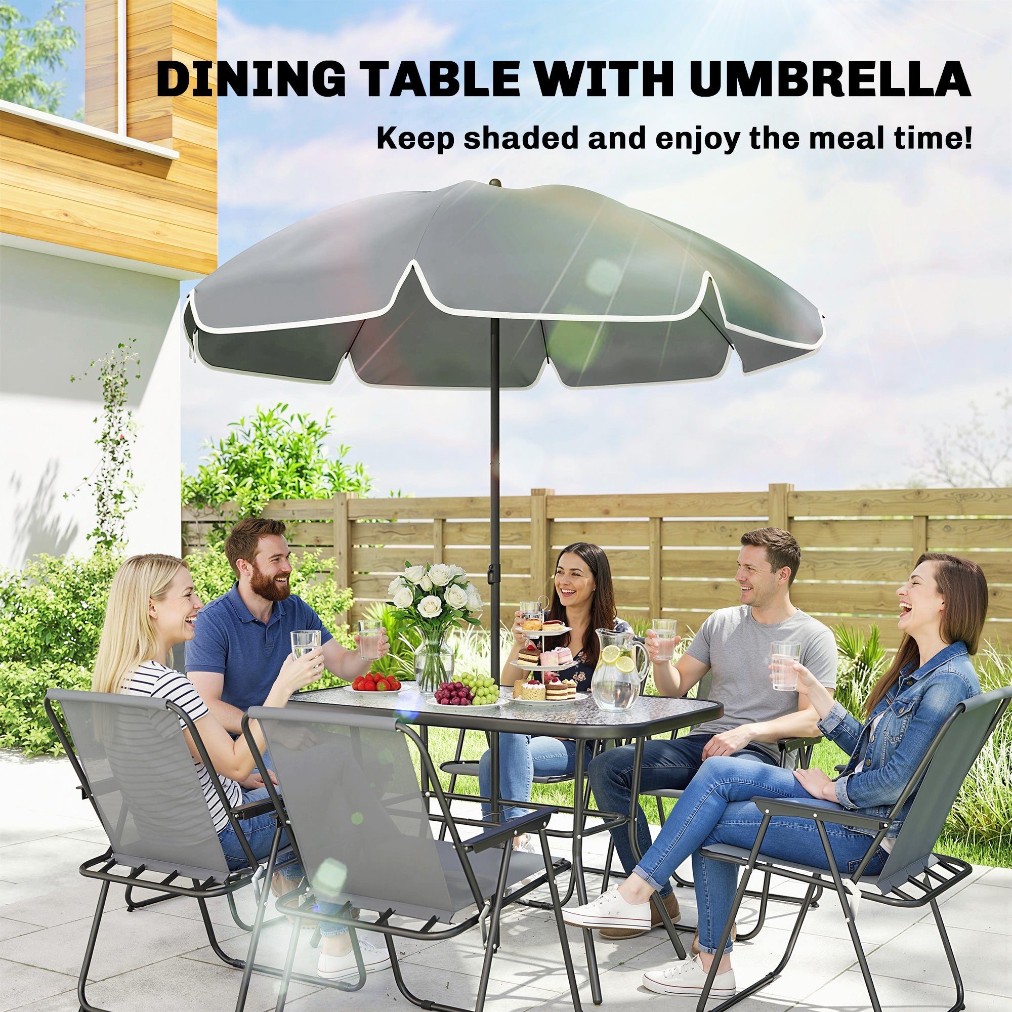 8 Piece Garden Dining Set with Umbrella, Garden Furniture Set with 6 Folding Chairs, Tempered Glass Table for Patio Grey