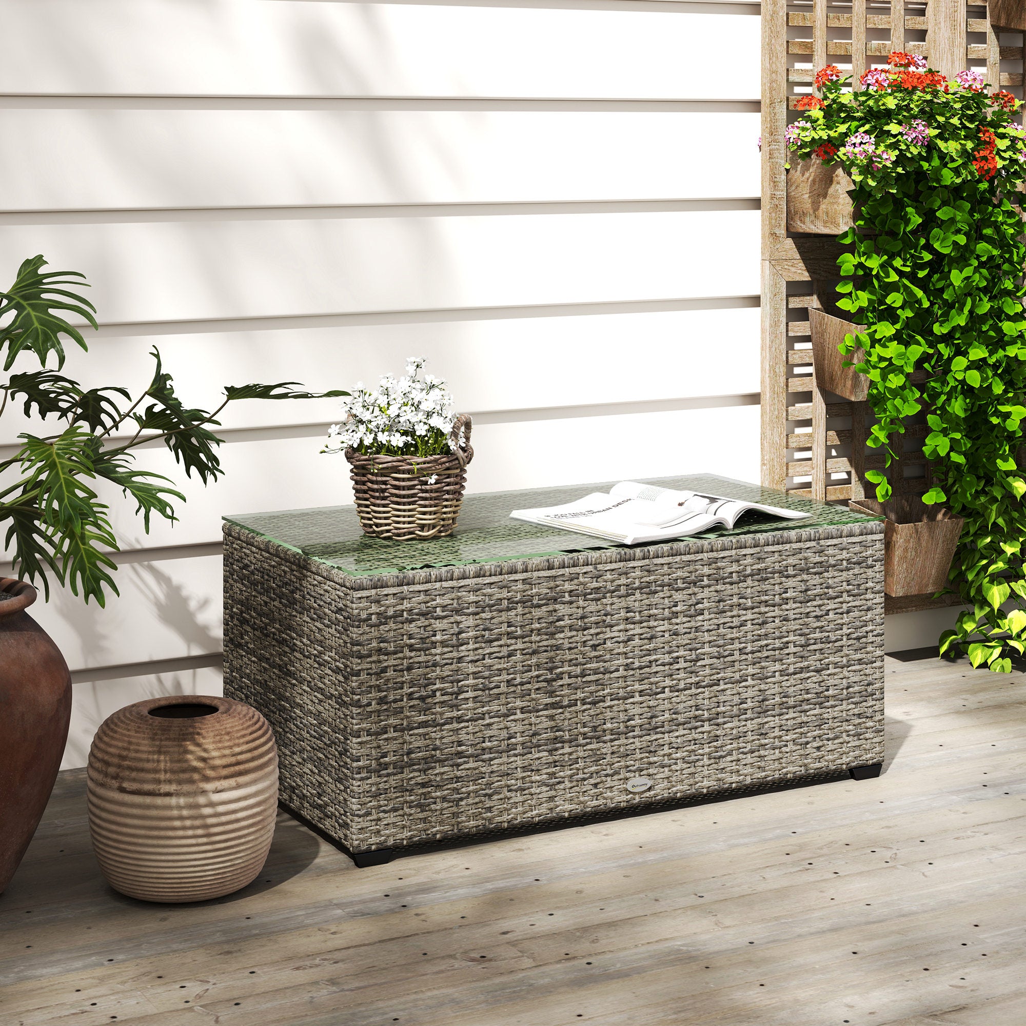 Glass-Top Rattan Side Table with Tempered Glass - Dark Grey