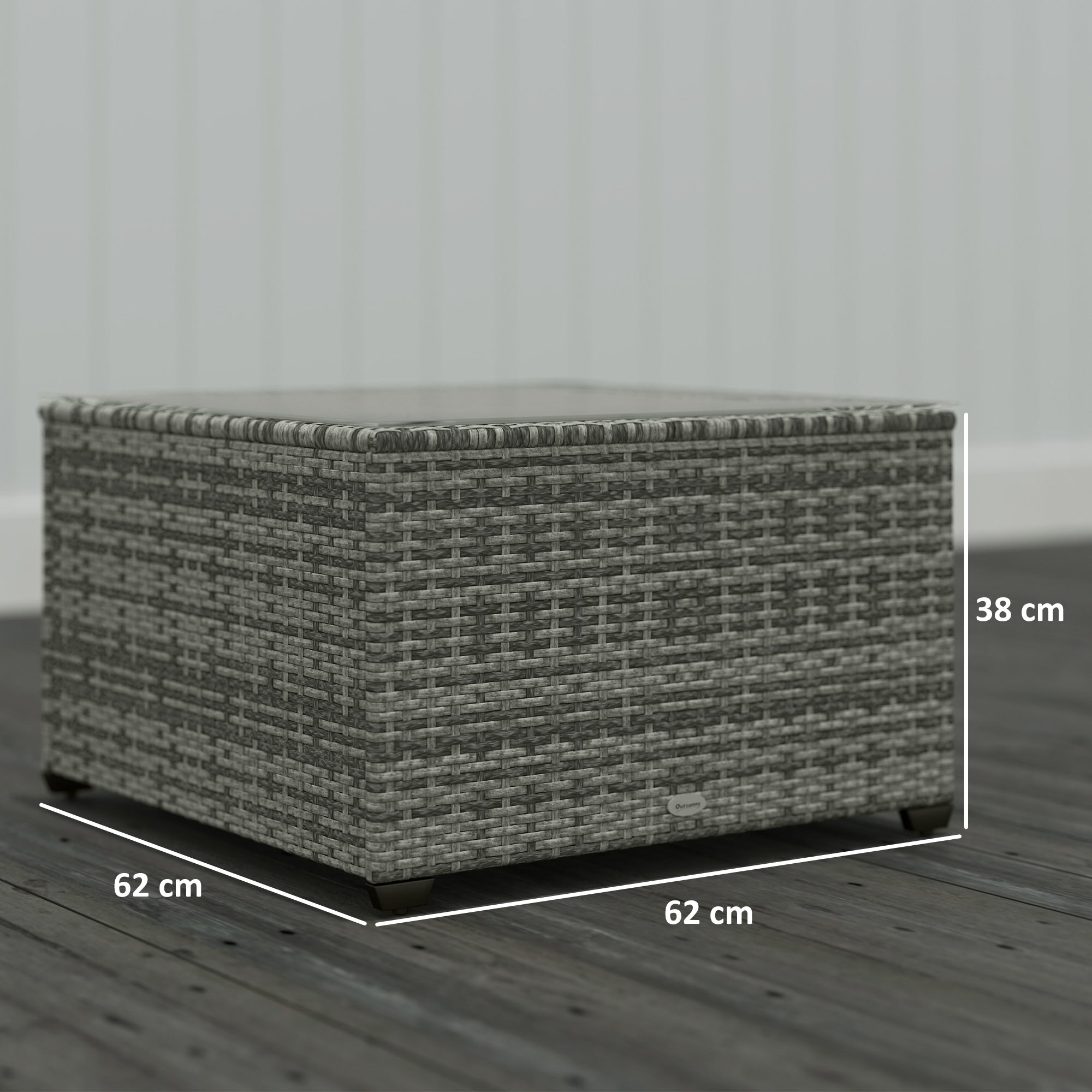 62 x 62cm Rattan Side Table with Glass Top - Light Grey