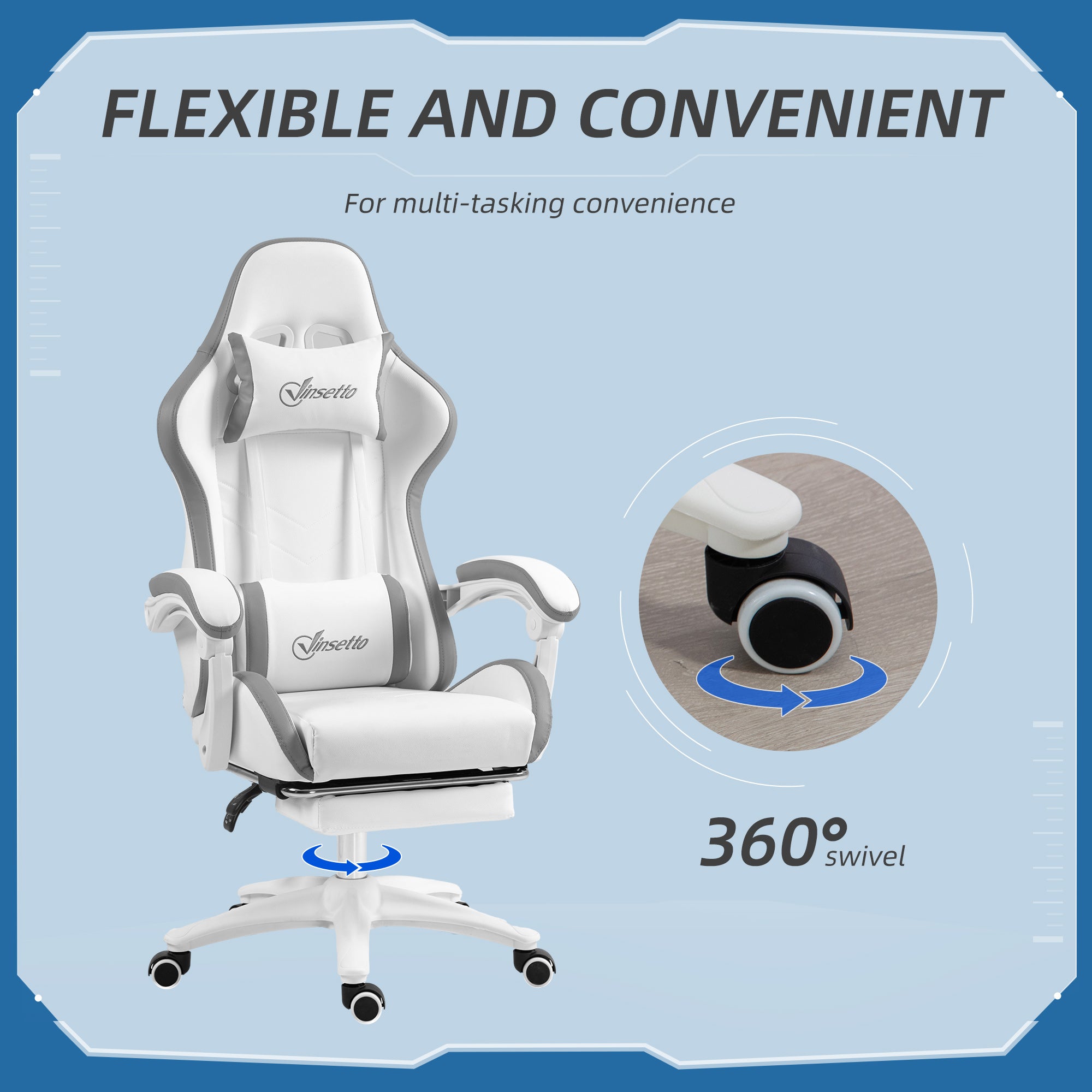 Computer Gaming Chair, PU Leather Desk Chair with Footrest, Swivel Task Chair with 135° Reclining Back and Lumbar Support, PC Chair for Adults, White and Grey