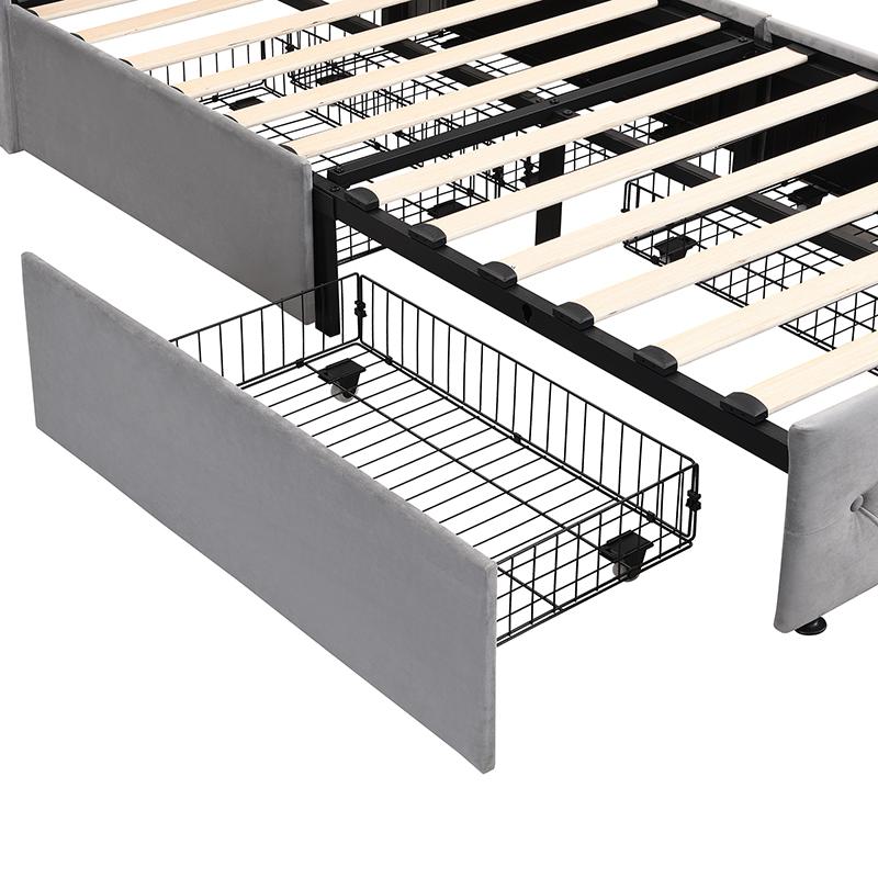 3FT Single Velvet Upholstered Storage Bed with 4 Drawers and USB Ports - Gray