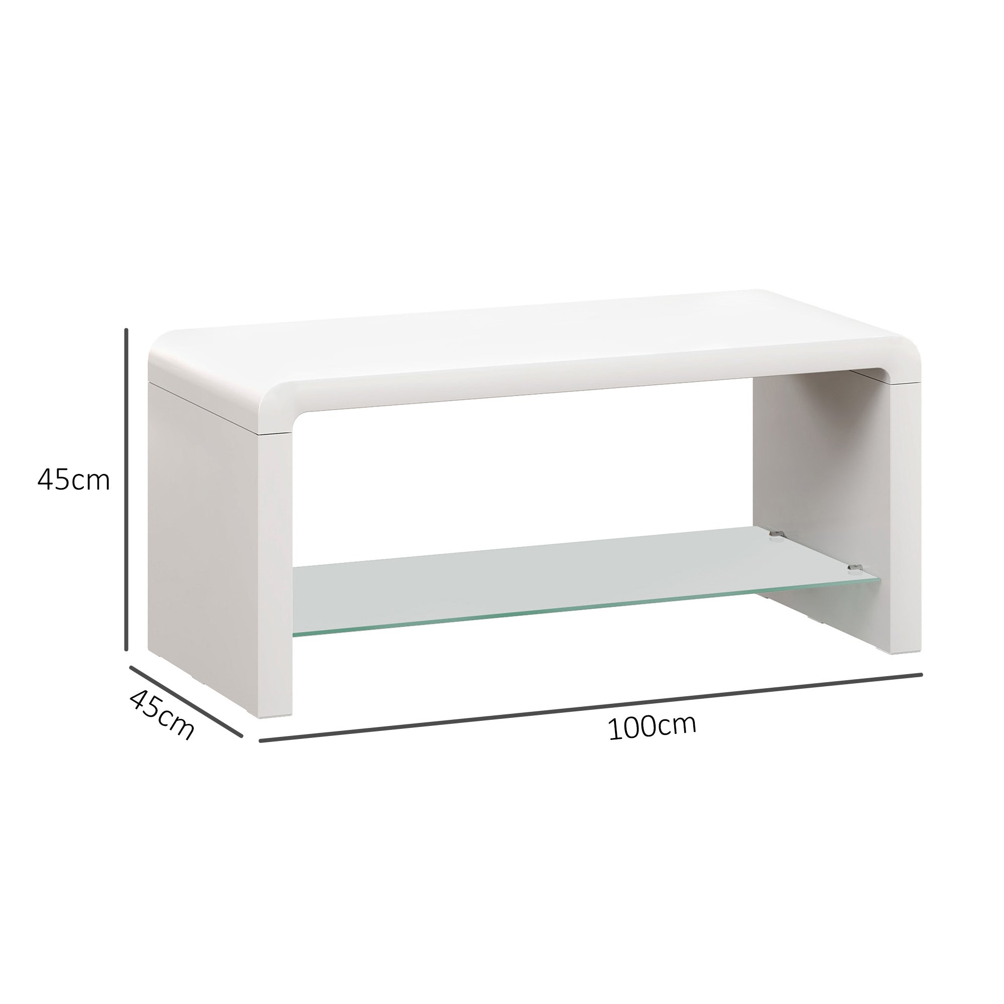 Curved Two-Tier Coffee Table with Glass Shelf - High Gloss White