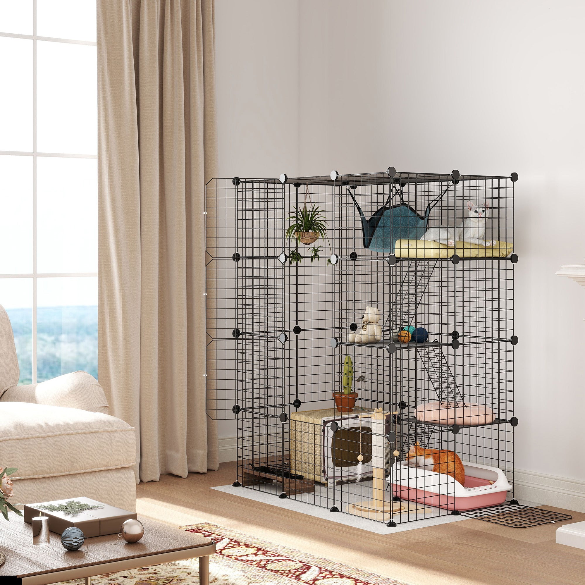 4-Tier DIY Large Cat Cage with Hammock, Ramps, 5 Doors, Indoor Use for 1-3 Cats, Black