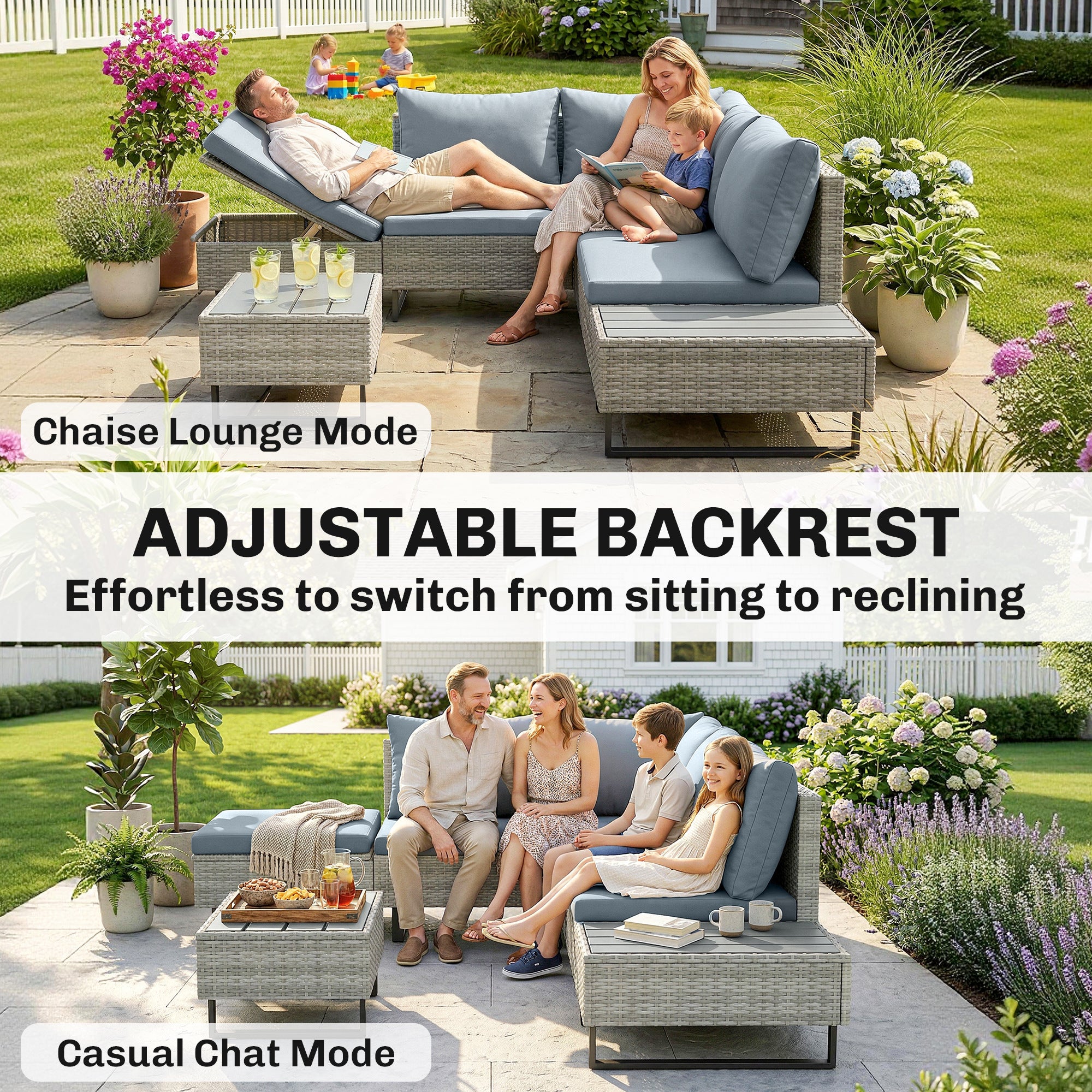 5 Seater Rattan Garden Furniture Set, L Shaped Garden Corner Sofa, Adjustable Back, Faux Wood Tables, Grey
