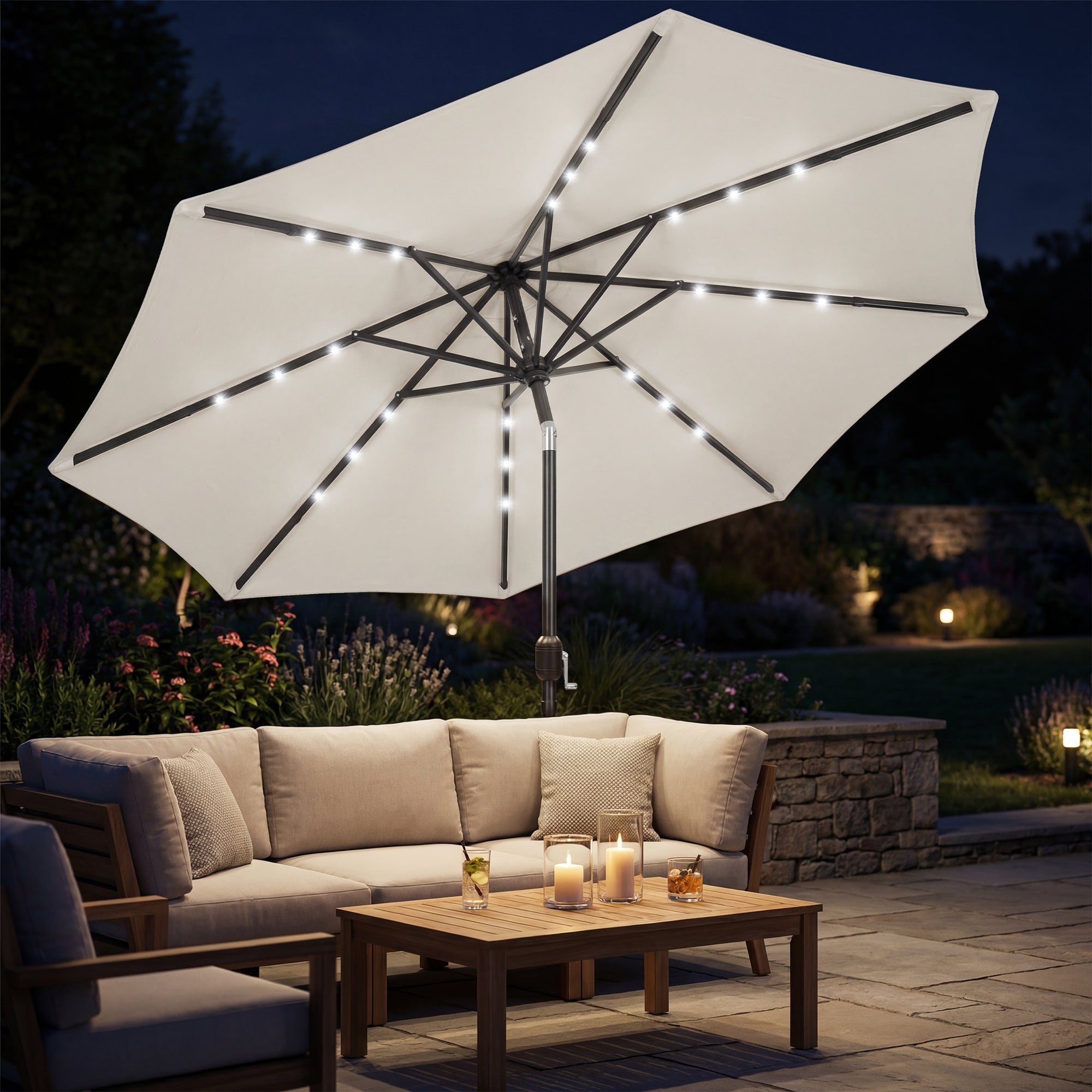 2.6 m Garden Parasol Umbrella with LED Solar Light, Parasol Cover, Outdoor Market Patio Umbrella, Cream White