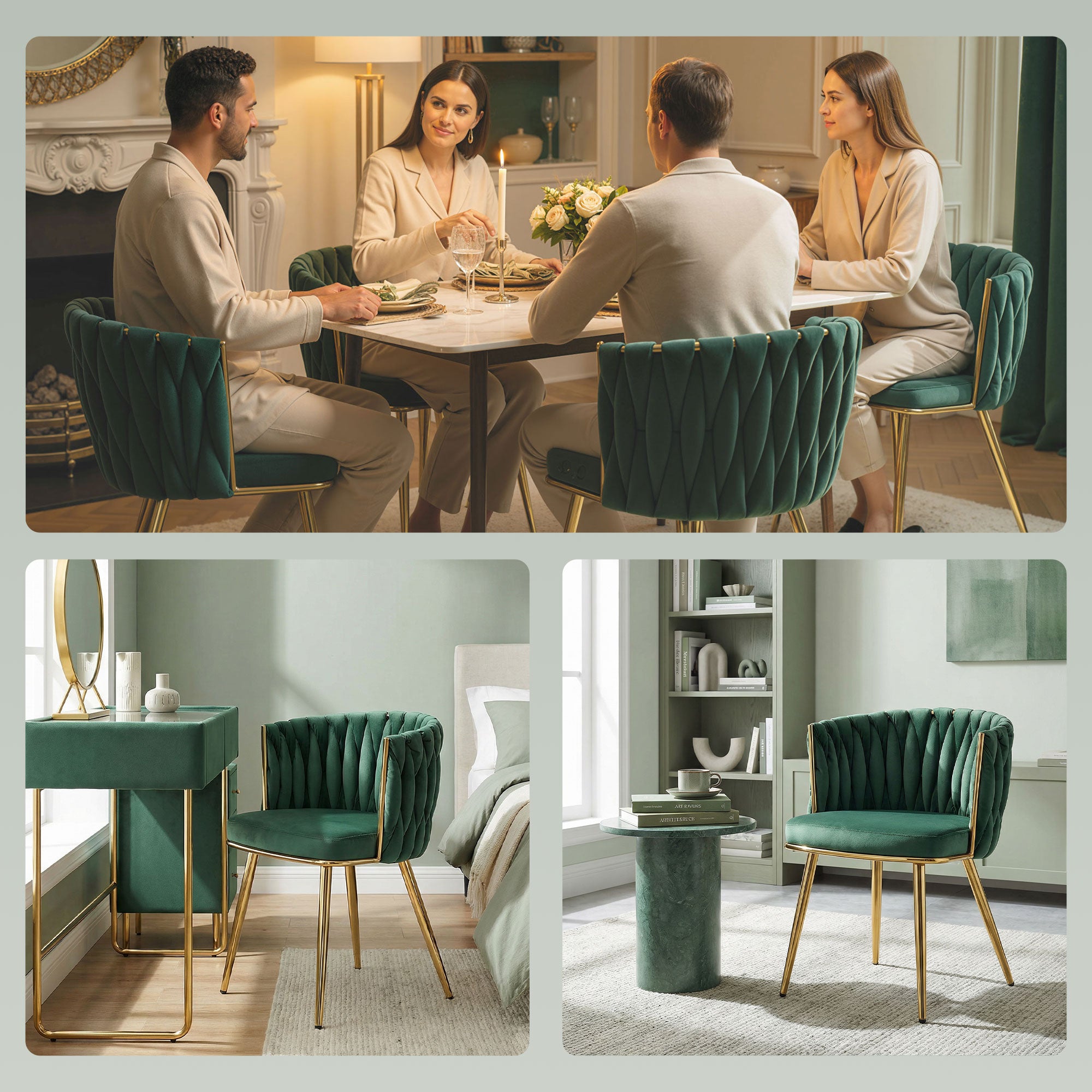 Velvet-Feel Dining Chairs Set of 2, Modern Upholstered Armchair with Knot Design and Golden Metal Legs, Accent Chair for Dining Room, Bedroom, Kitchen, Living Room, Dark Green