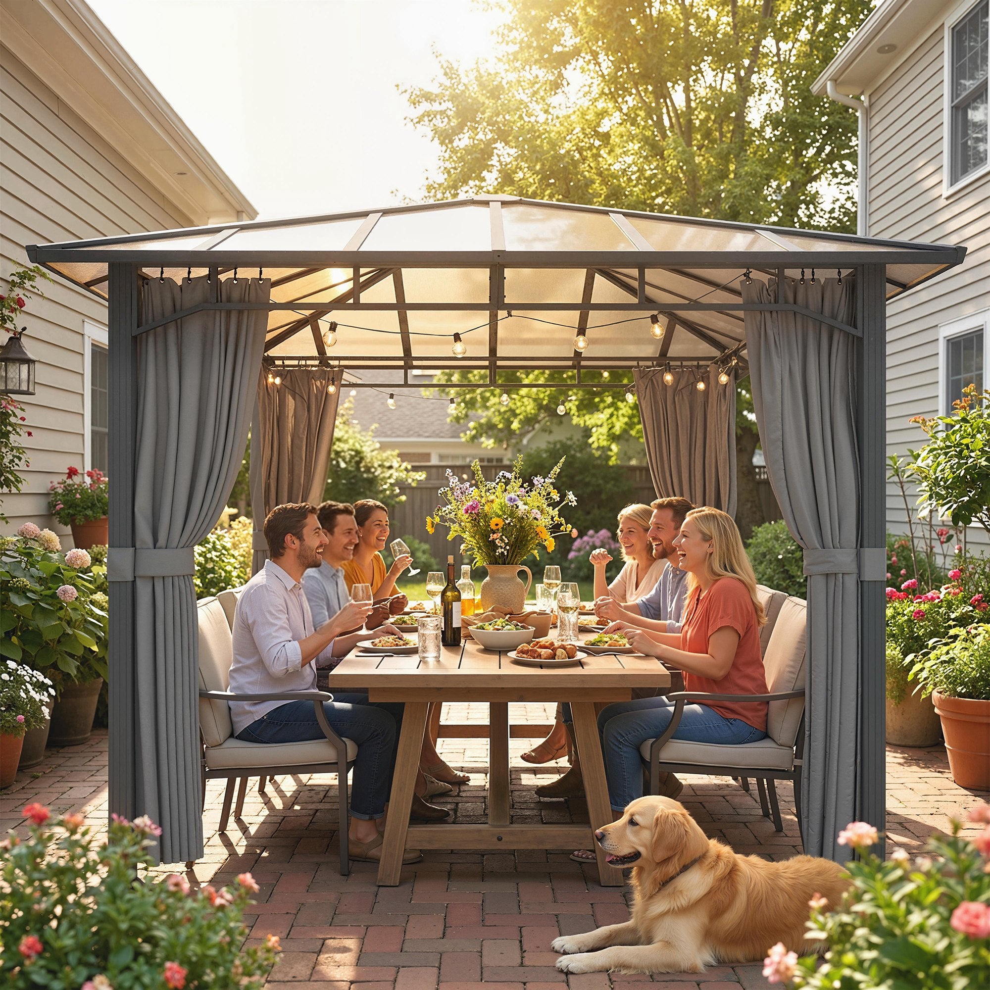3 x 3 m Outdoor Hardtop Gazebo Canopy with PC Roof, Aluminium Permanent Pavilion Garden Gazebo with Curtains, Tan