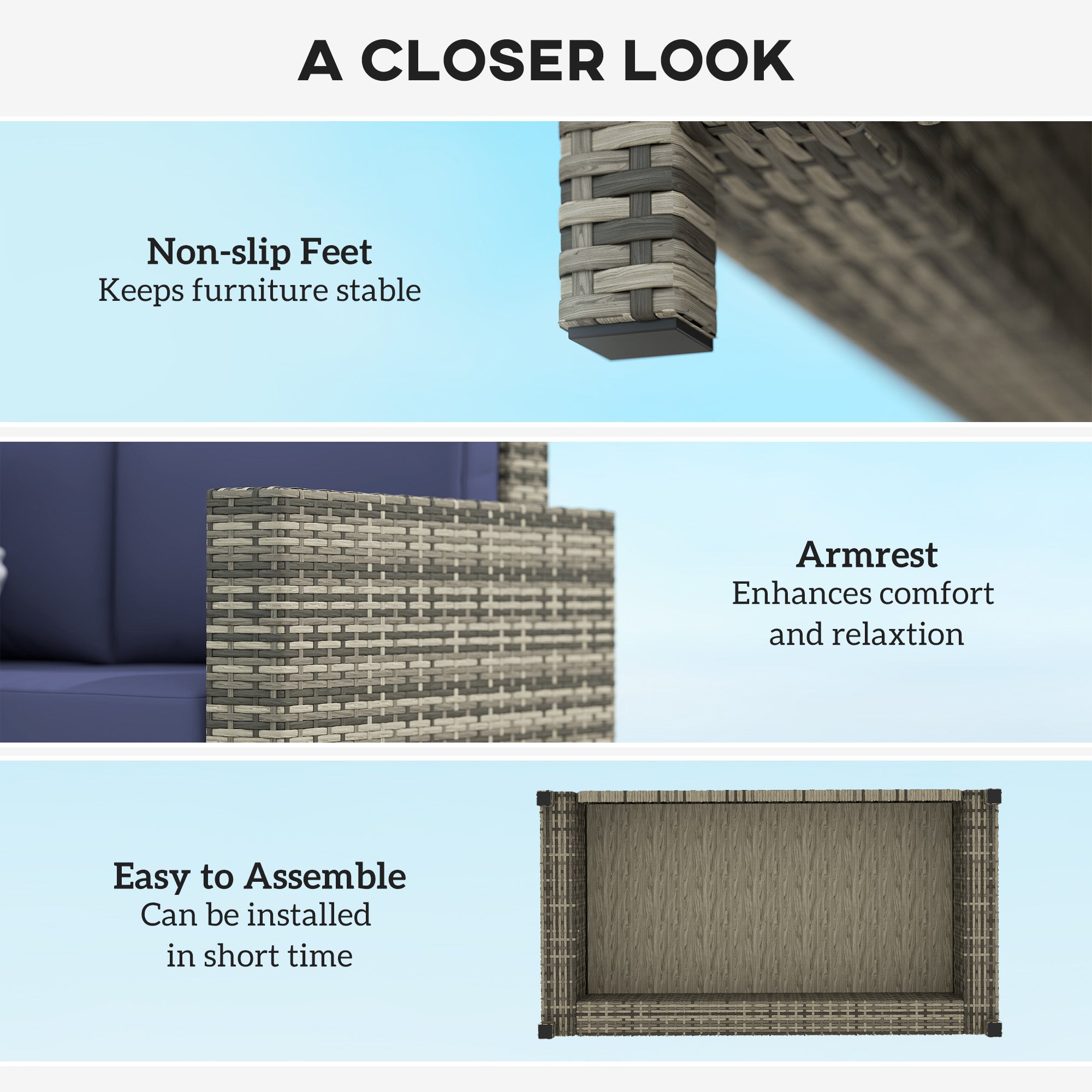 2 Seater Rattan Garden Sofa with Padded Cushions and Armrests Navy Blue