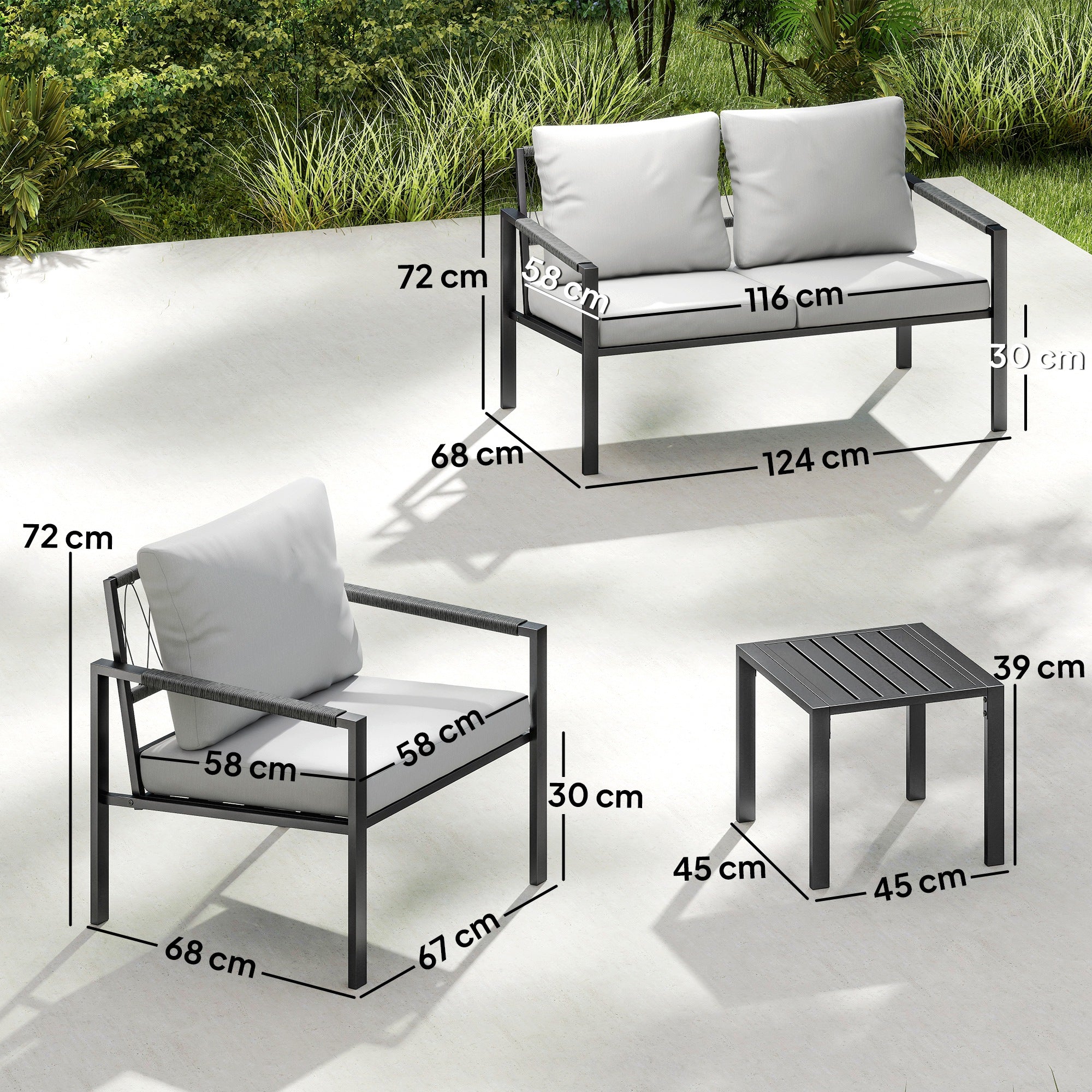 5 Piece Metal Garden Furniture Sofa Set with Thickened Cushions, Loveseat, 2 Armchairs, 2 Coffee Tables, Light Grey