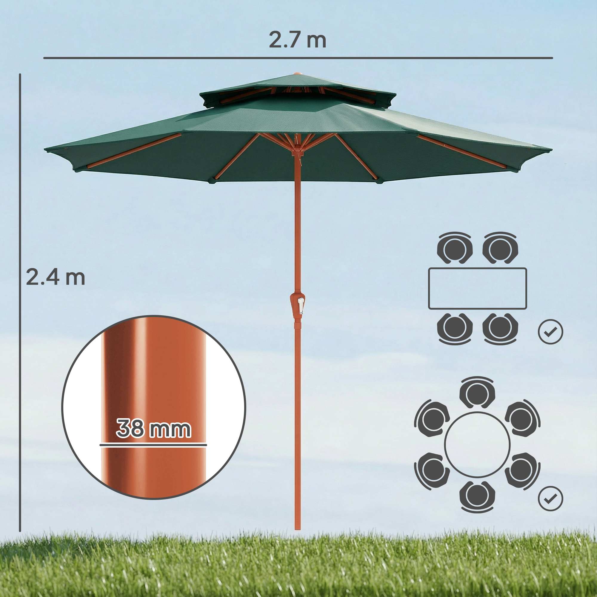 2.7 m Garden Parasol with Double Top Outdoor Market Table Umbrella with Crank System, Green
