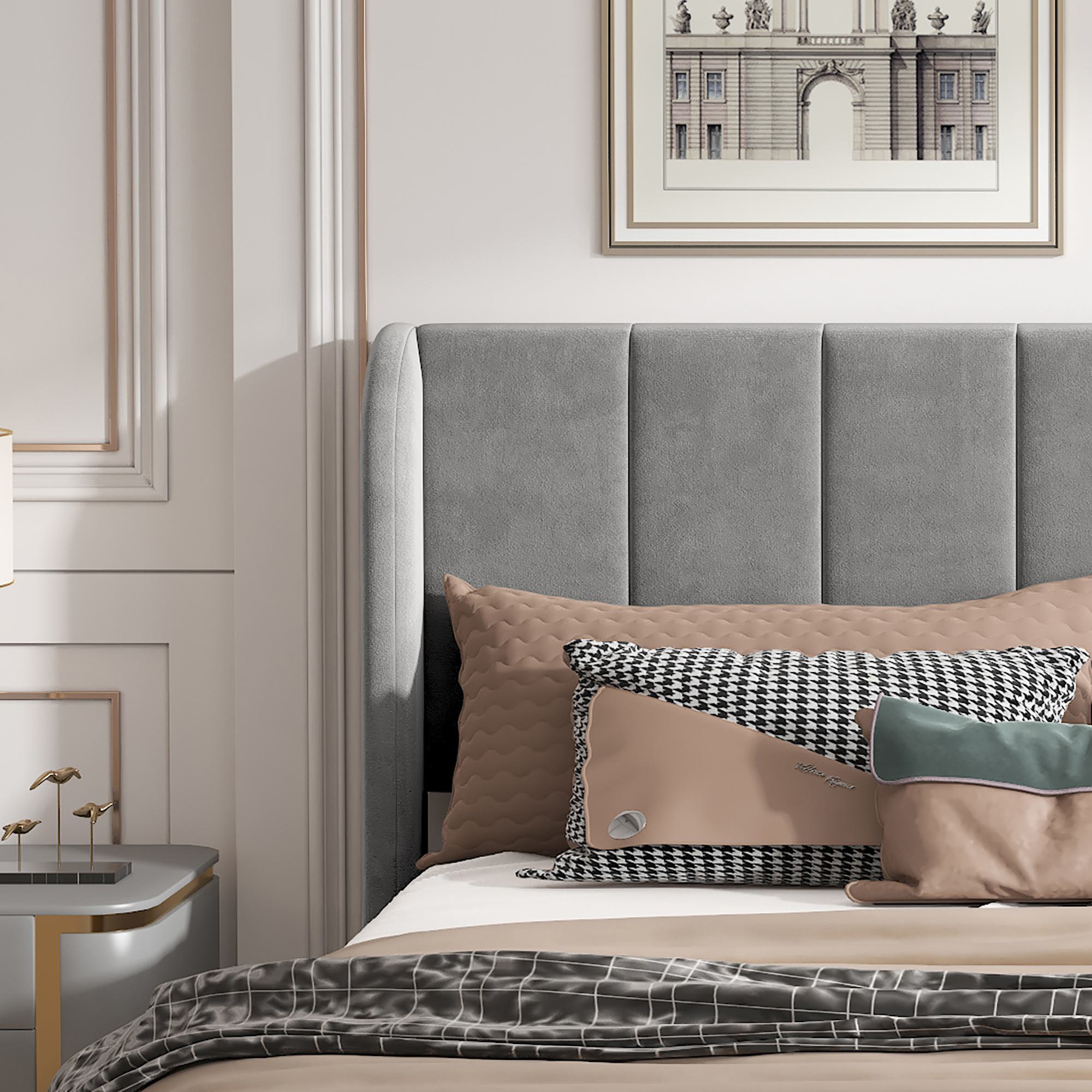 Double Upholstered Velvet Bed with Soft Backrest - Gray