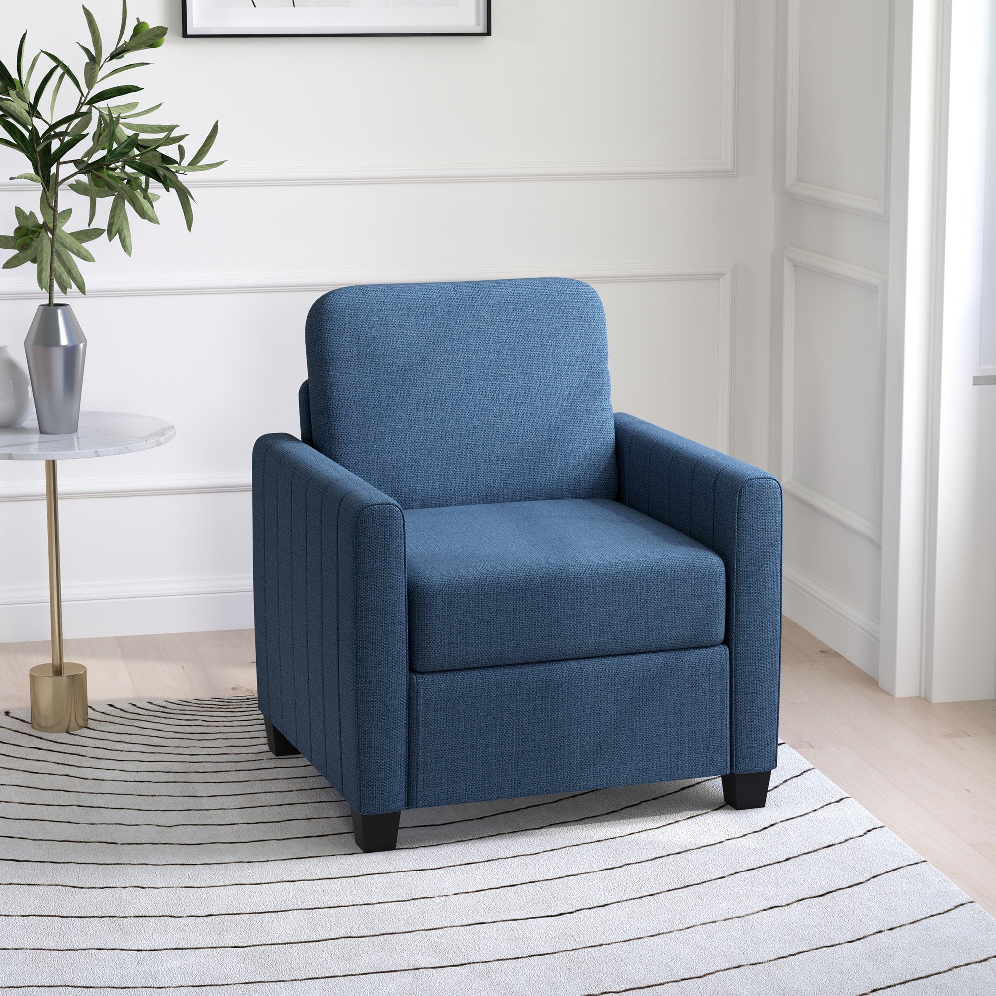 Armchair, Channel Tufted Modern Fabric Accent Chair, Comfy Upholstered Reading Lounge with Spring Cushion, Back Pillow, for Living Room, Bedroom, Office, Blue