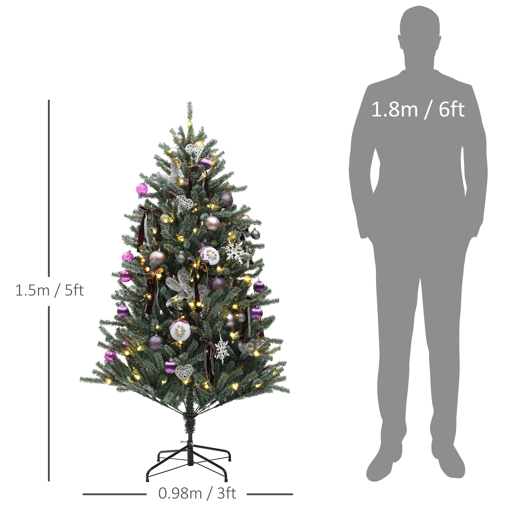 5ft Artificial Prelit Christmas Tree with Warm White LED Lights and 486 Tips, Metal Stand, Xmas Tree with Purple Ornaments for Home Office Holiday