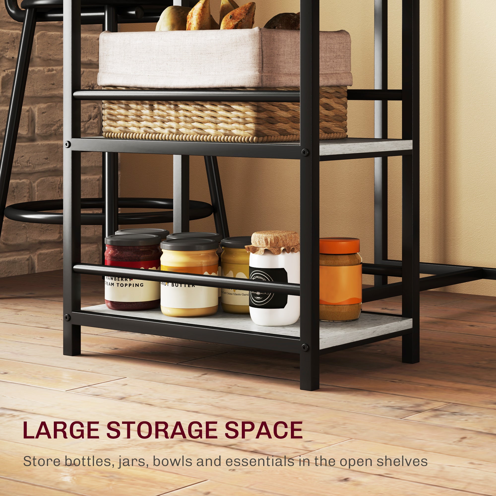 Three-Piece Kitchen Dining Set with Shelves - Grey/Black
