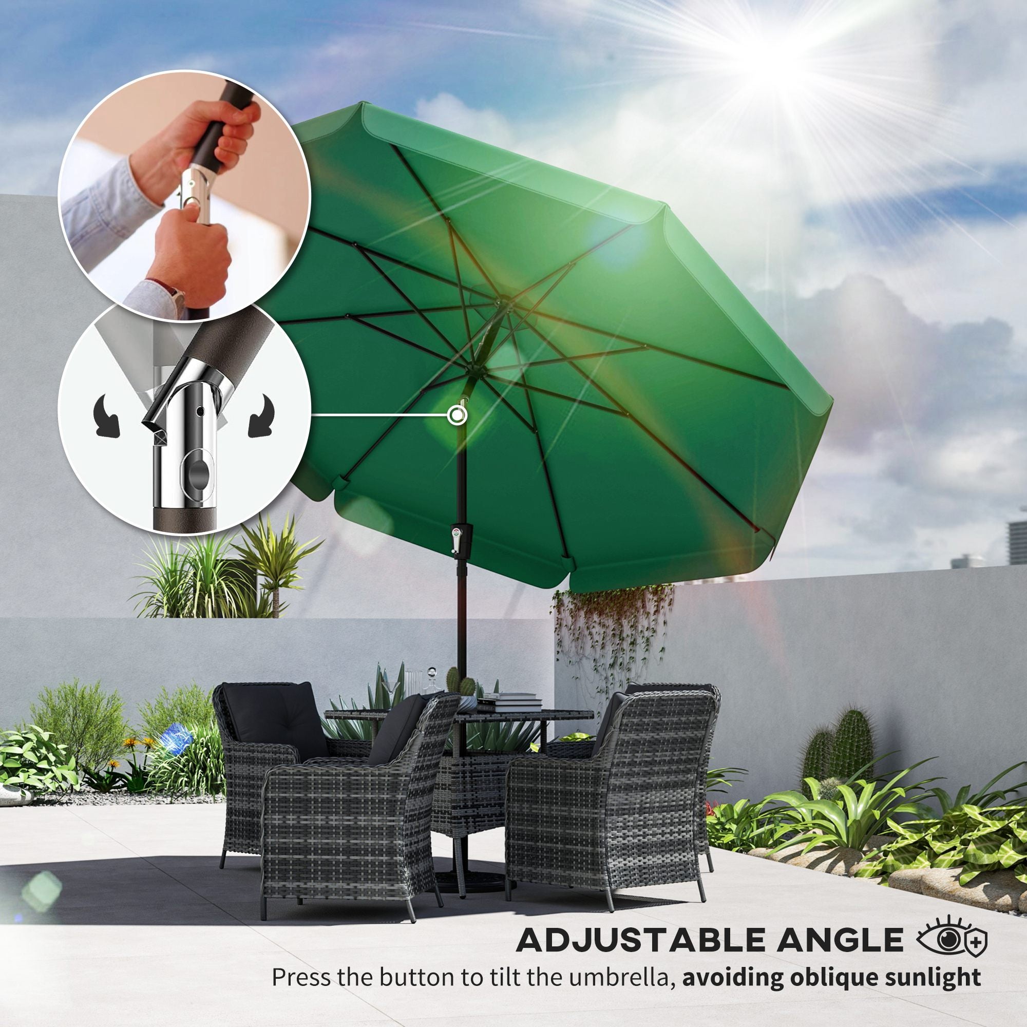 3 m Garden Parasol with Tilt Mechanism & Crank Handle, UPF 30+ Patio Umbrella Outdoor Table Umbrella, Green