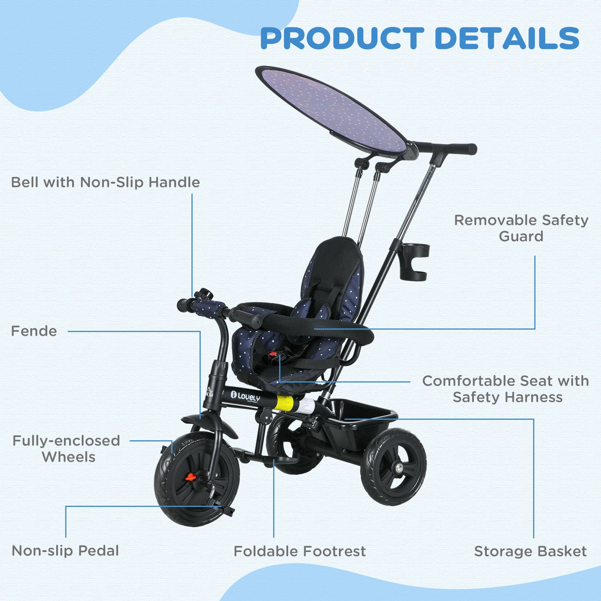 6 in 1 Tricycle for Kids with 5-point harness straps, Removable Canopy, Dark Blue