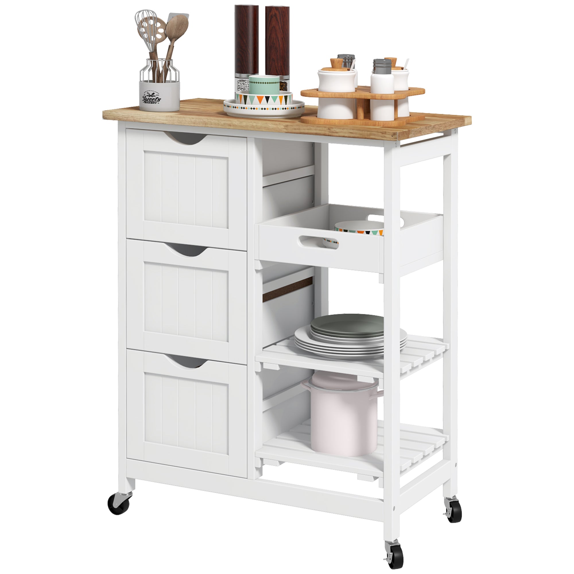 Rolling Kitchen Island Cart, Bar Serving Cart, Compact Trolley on Wheels with Wood Top, Shelves & Drawers for Home Dining Area, White