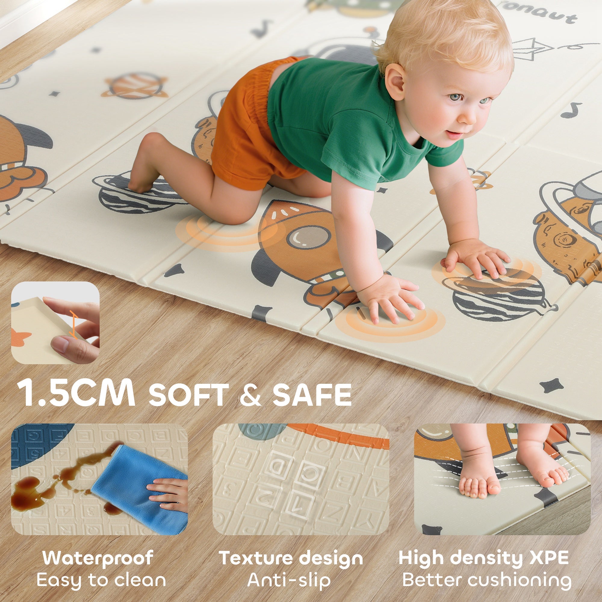 Baby Play Mat, Double Sideded Foldable Kids Crawling Mat, Reversible & Waterproof, Astronaut and Planet