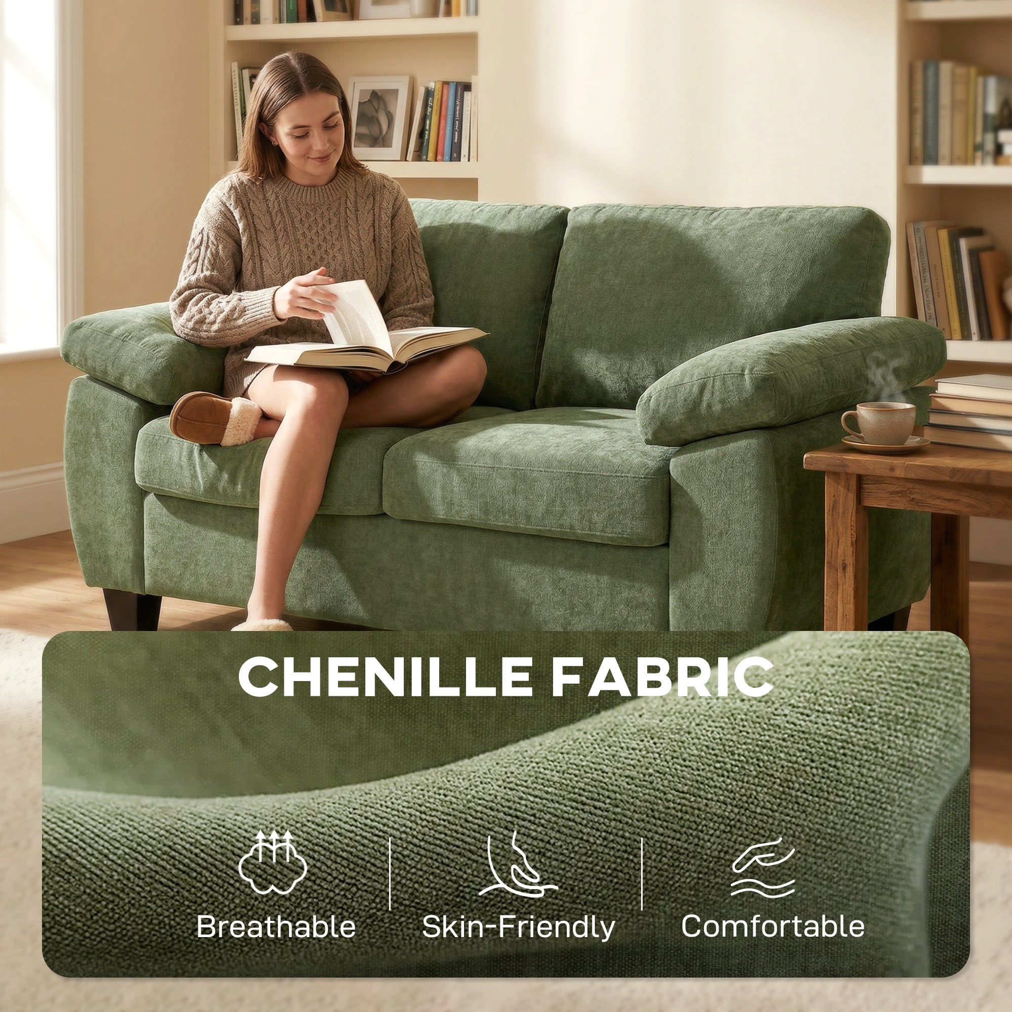 2 Seater Sofa, 156cm Chenille Loveseat Sofa, Dark Green