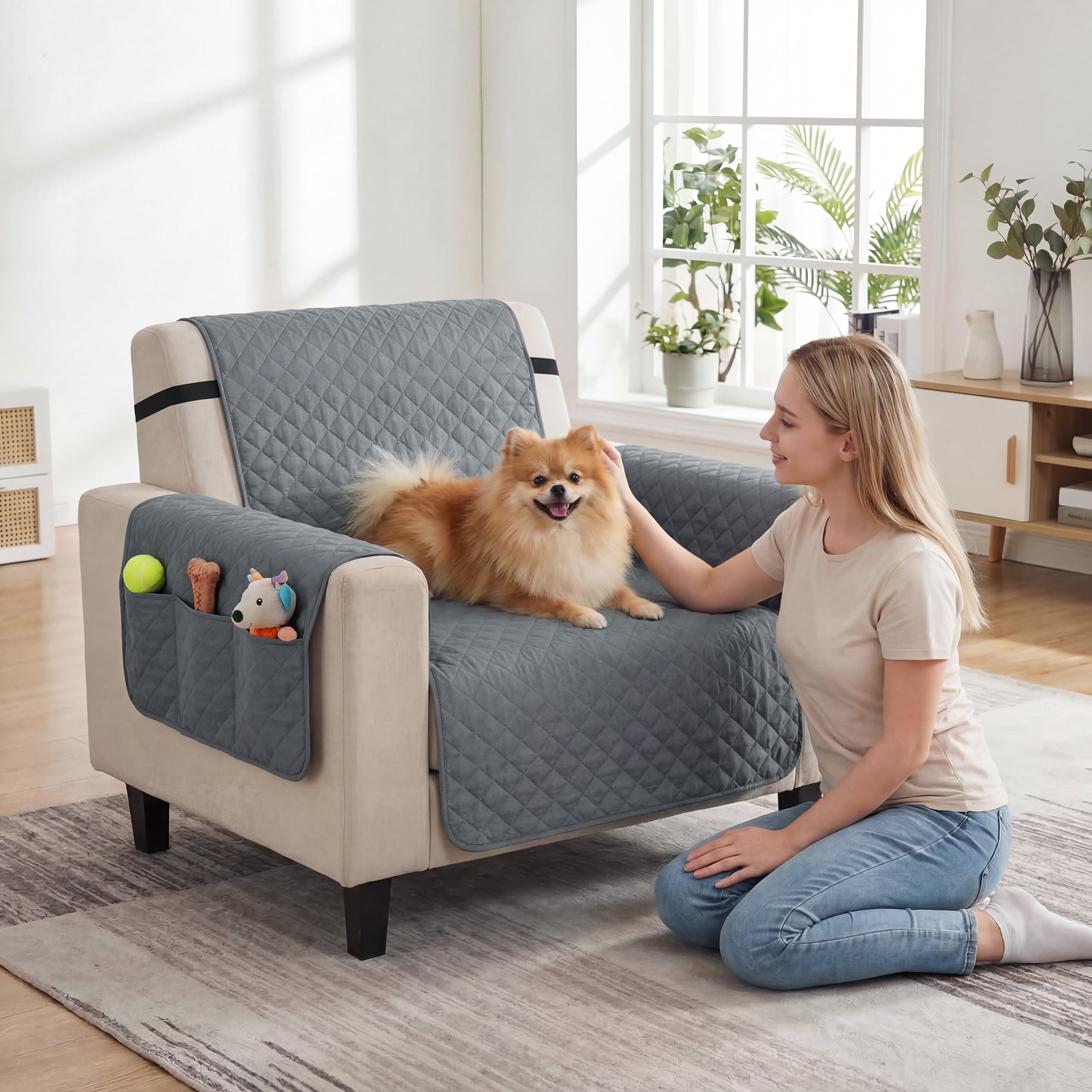 Waterproof Sofa Cover, Soft Couch Cover for Dogs Cats Pets, Non Slip Sofa Slipcoevr with Elastic Straps