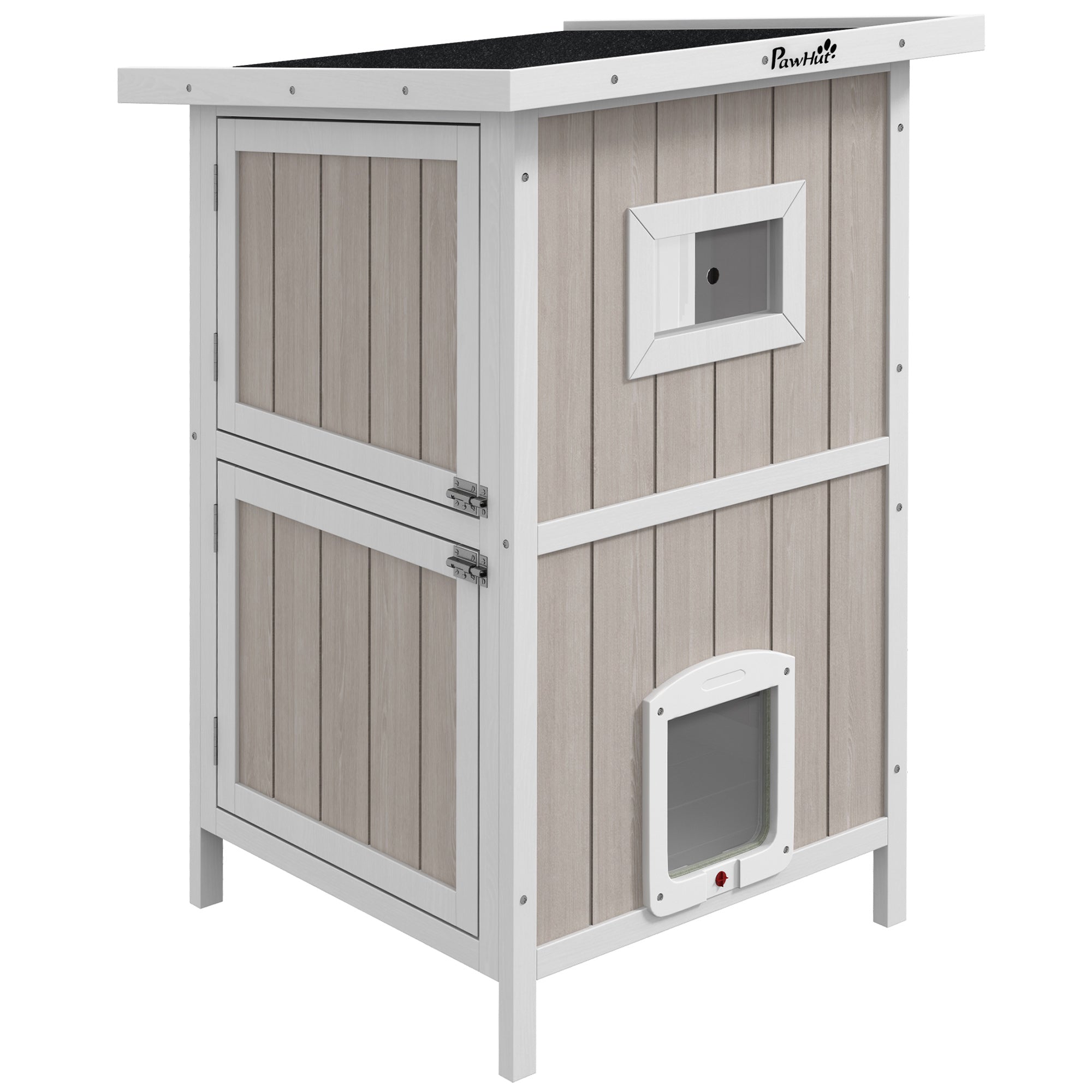 Outdoor 2 Tiers Wooden Cat Shelter w/ Removable Bottom, Escape Doors, Asphalt Roof, for 1-2 Cats - Light Grey