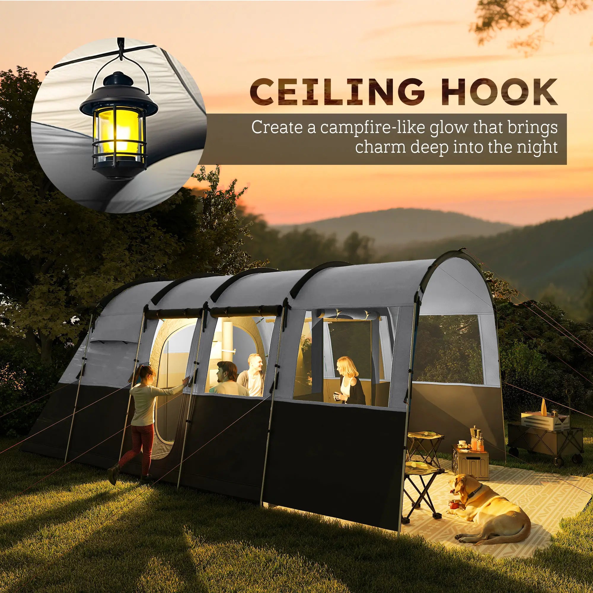 8 Person Waterproof Tunnel Camping Tent with 4 Large Windows - Grey