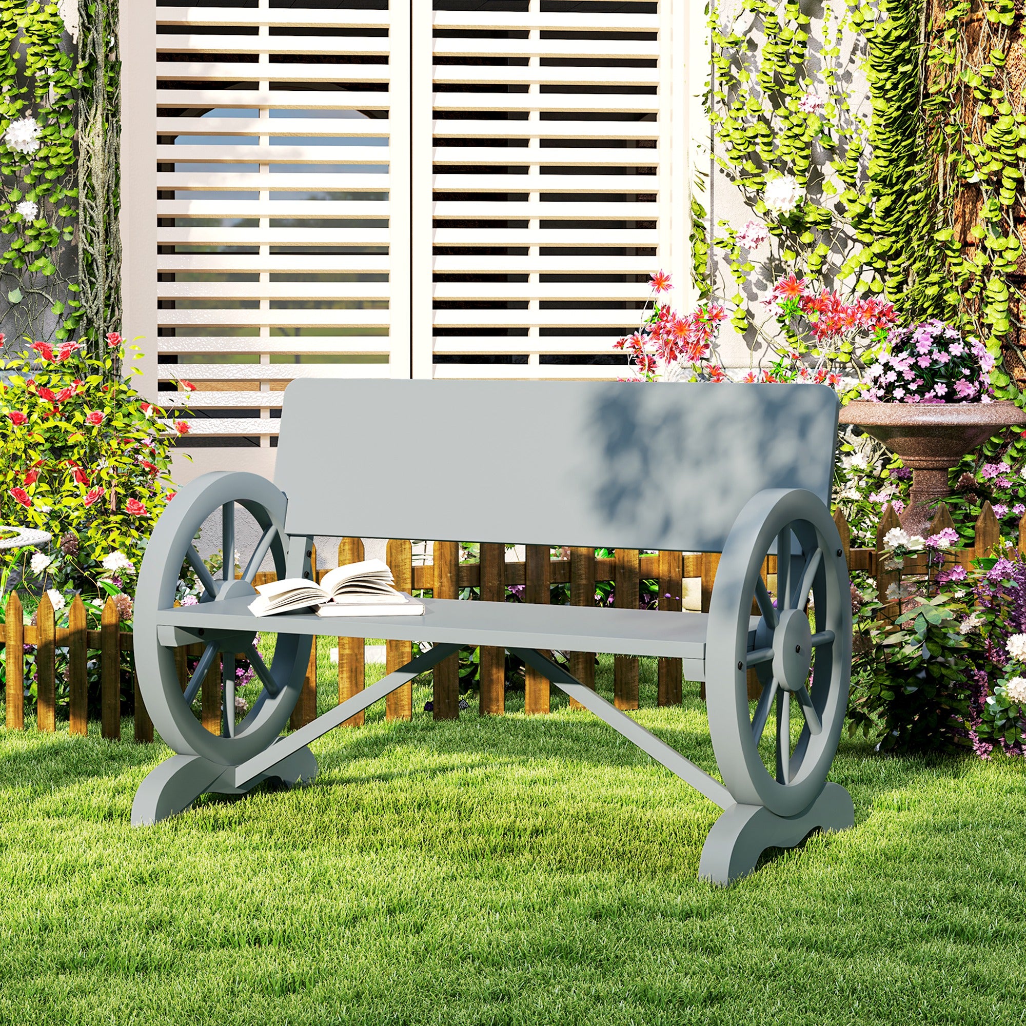 2 Seater Fir Wood Outdoor Garden Wagon Wheel Bench Grey