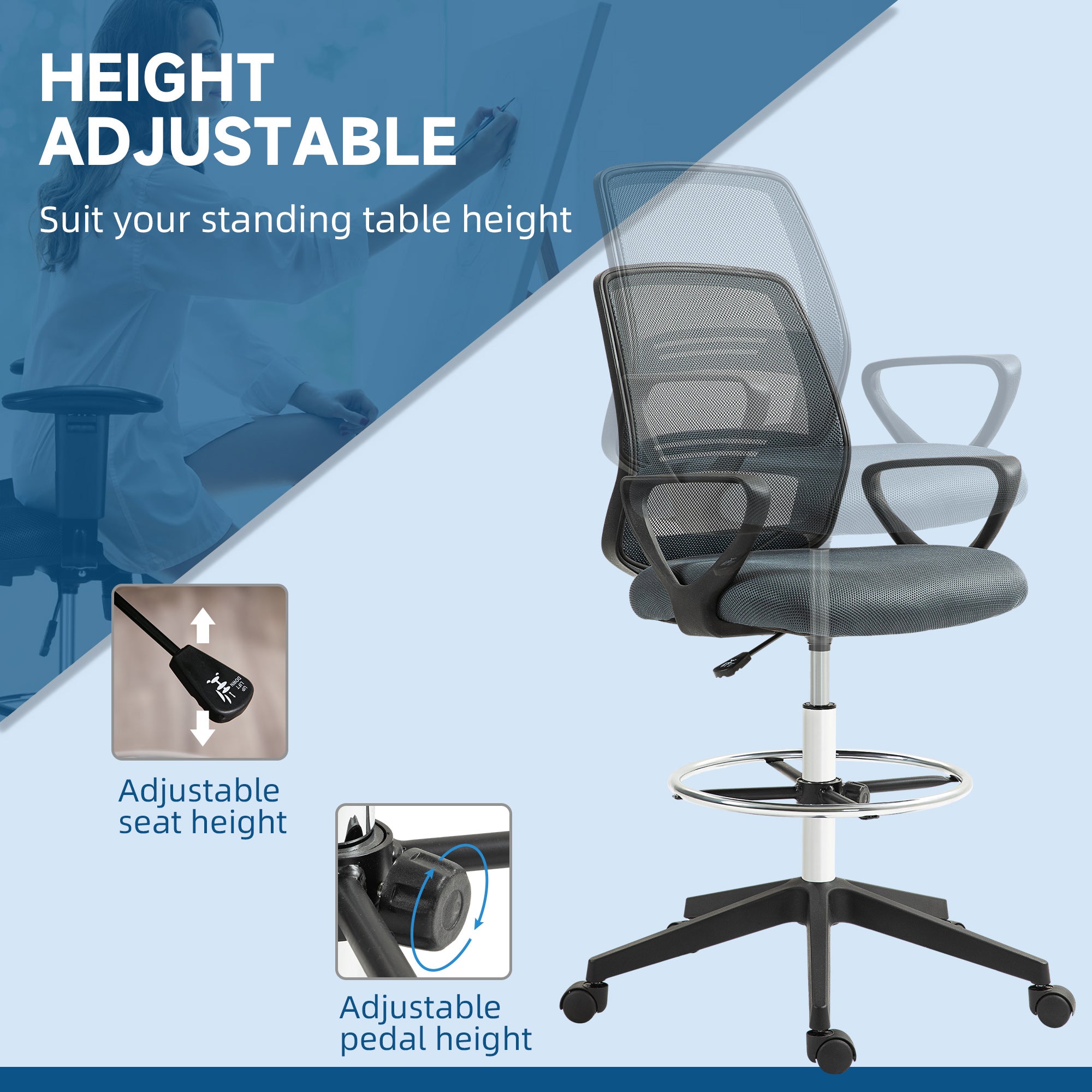 Ergonomic Mesh Back Drafting Chair Draughtsman Chair with Adjustable Height, Grey