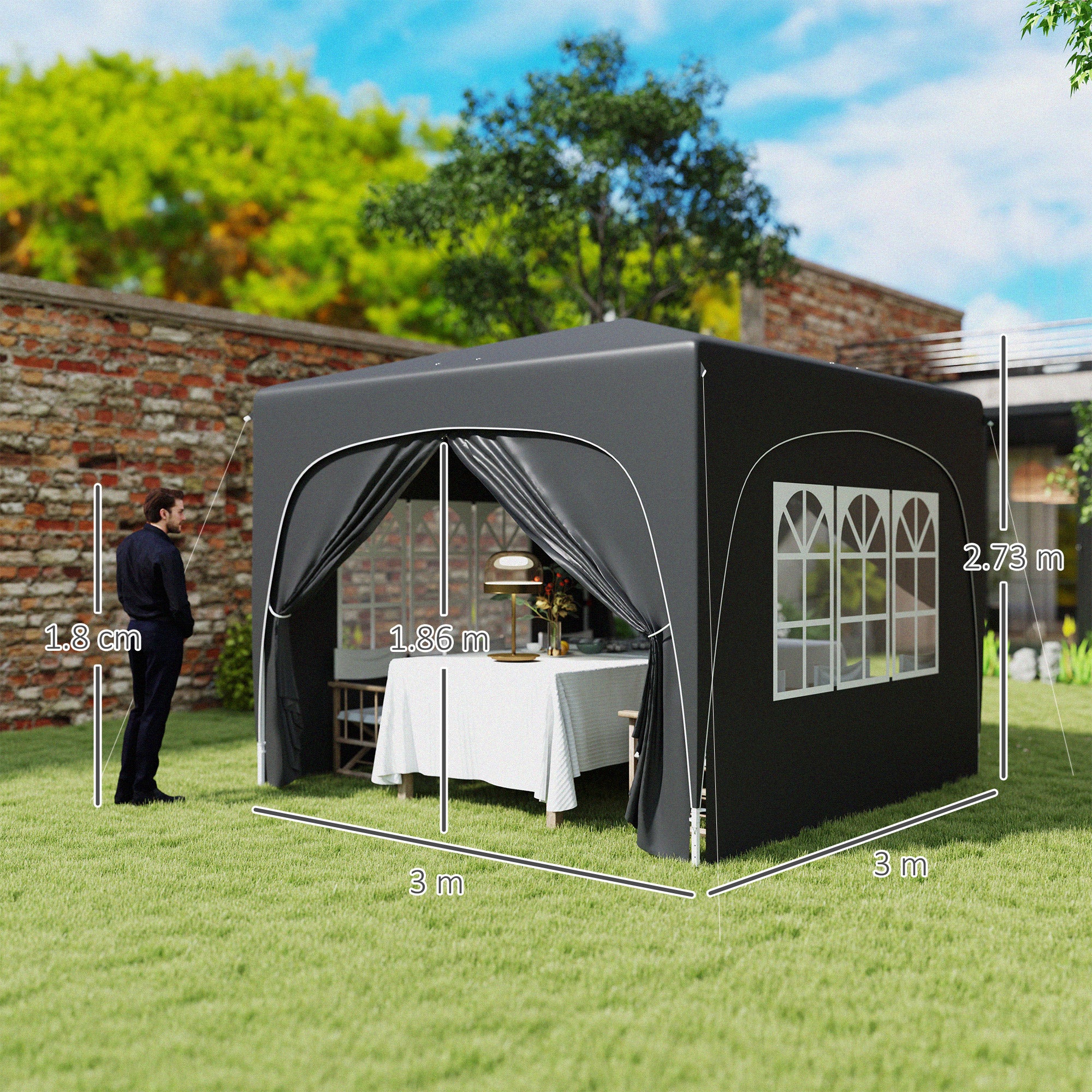 3x3m Pop-Up Gazebo Shelter with UPF50+ Canopy and Adjustable Height - Black