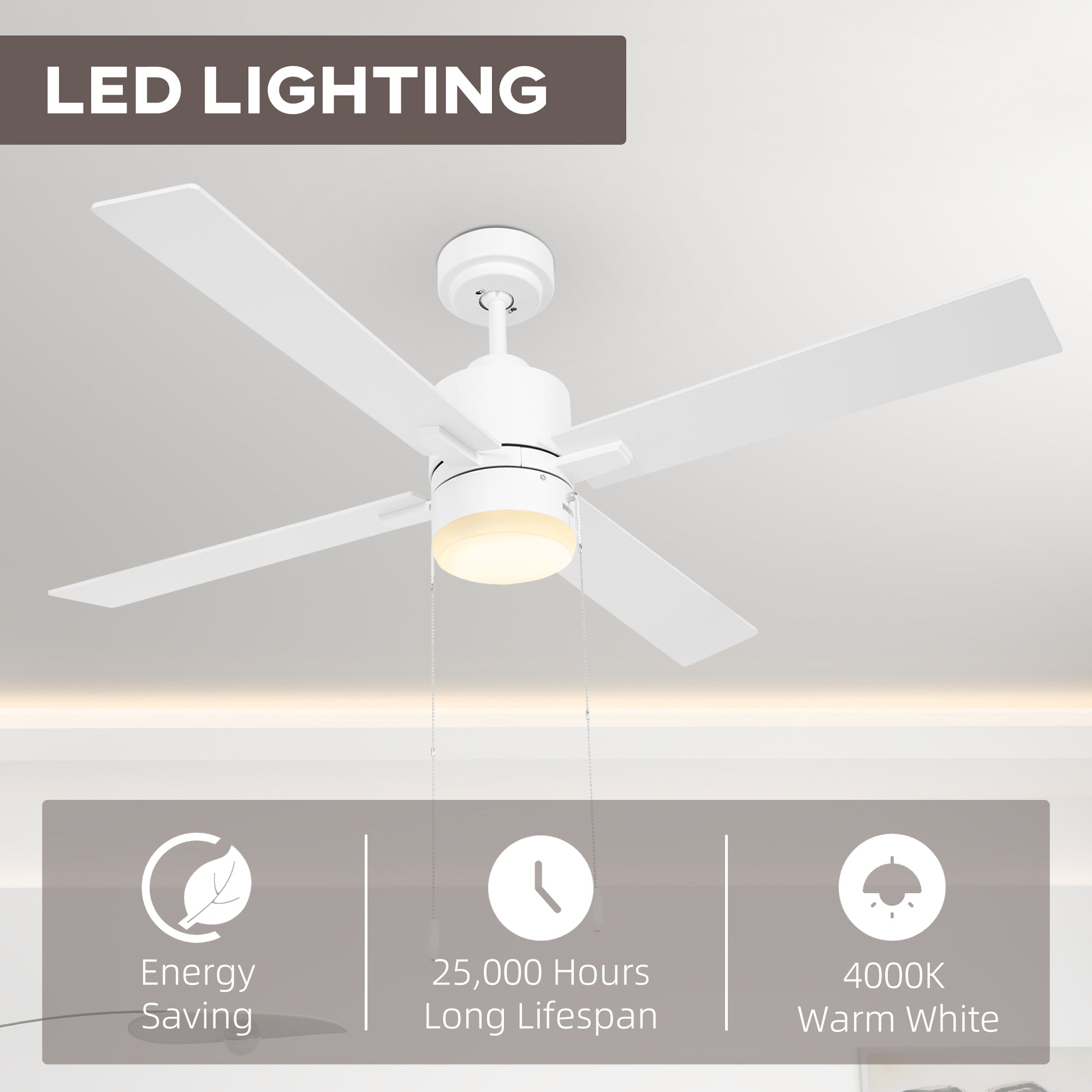 Ceiling Fan with LED Light, Flush Mount Ceiling Fan Lights with Reversible Blades, Pull-chain, White and Natural Tone