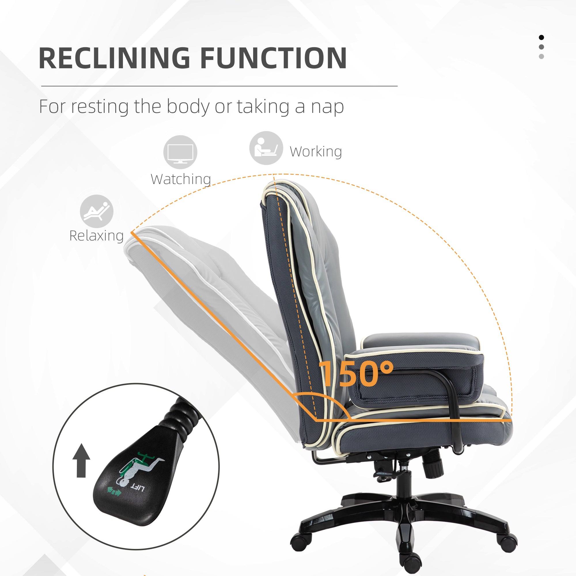 High Back Office Chair, PU Leather Desk Chair, Reclining Swivel Computer Chair for Home, Grey